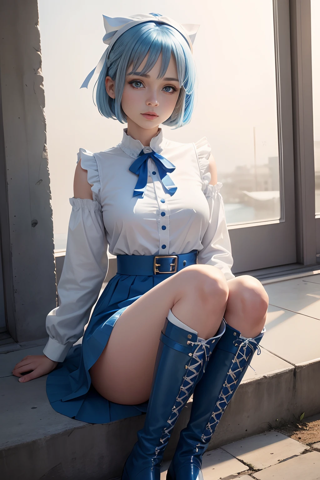 Blue eyes,Blue hair,Medium bob,Blue Long Boots,a blue skirt,White ribbon on the head,Blue ribbon at chest,top-quality