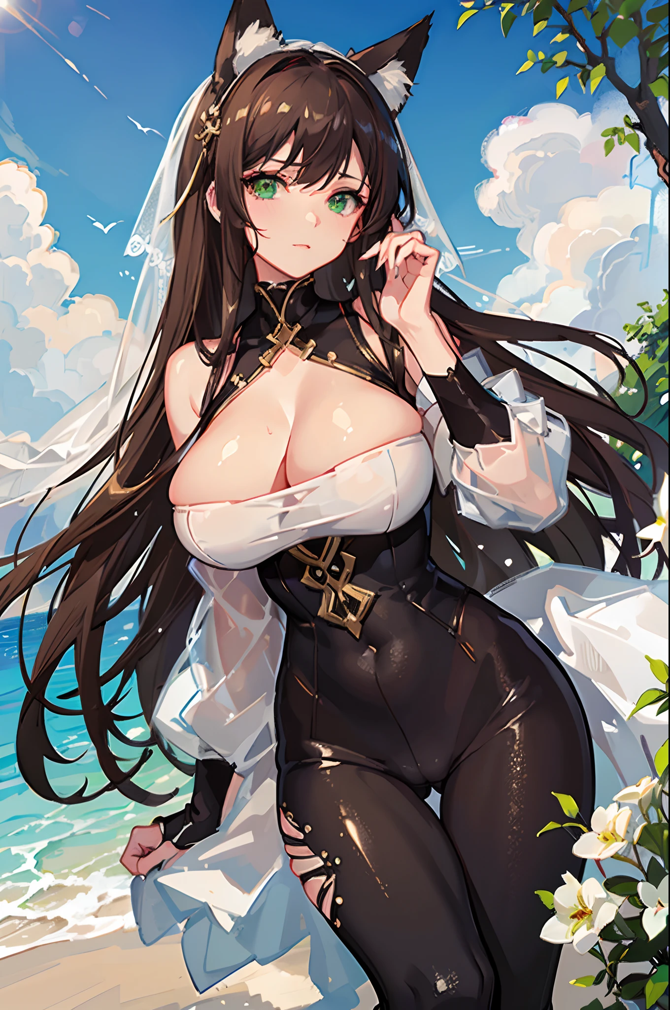 (Masterpiece, best quality, beautiful eyes, highly detailed, high res), 1girl, fox girl, fox ears, fox tail, brown hair, green eyes, mature woman, massive breasts, massive cleavage, white dress, sexy, veil, shiny skin, wet skin, water, goddess, wet clothes, shiny clothes, beautiful face, mommy body, smug and confident, motherly, authoritarian, bodysuits, tight clothes,