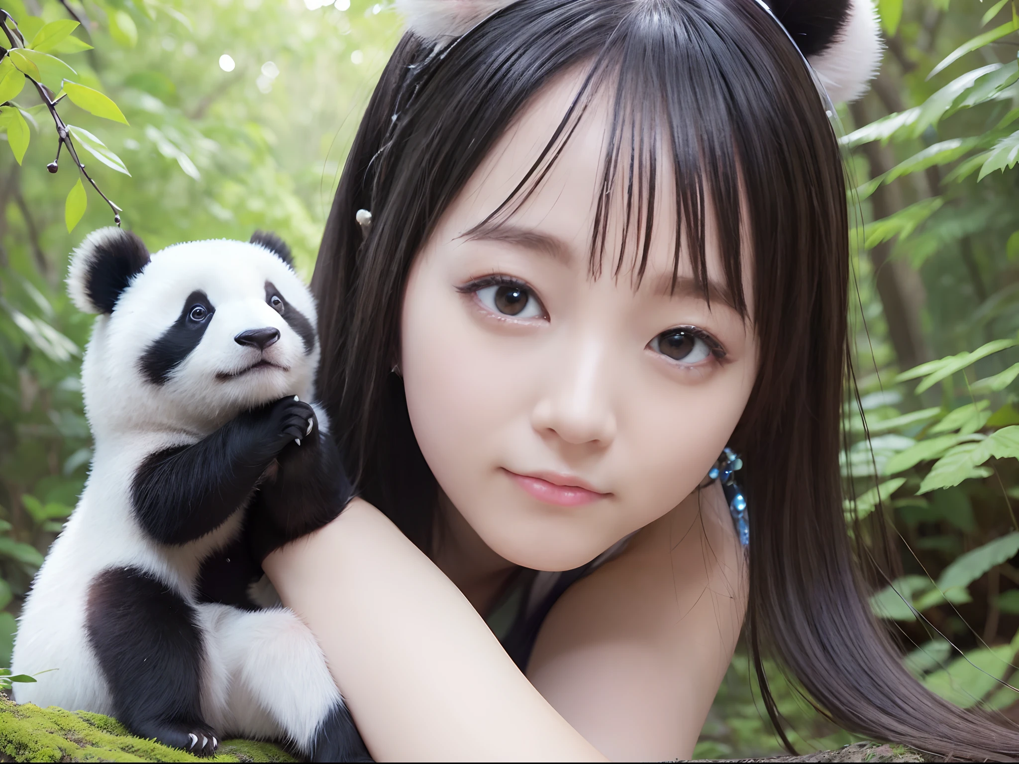 Uma mulher muito charmosa com seu panda curtindo um lindo passeio de primavera cercada por girassois e natureza. The illustration is a high definition illustration in 4K resolution, apresentando recursos faciais altamente detalhados.