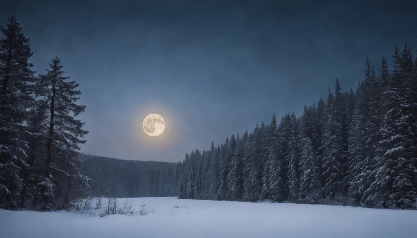 standing in the middle of the snowy forest, moon is rising in the sky, eerie, gothic, scary, night, cinematic scene from film