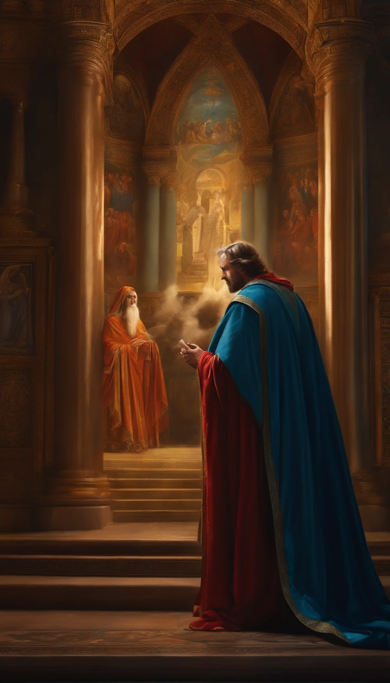 (best quality,ultra realistic:1.2),long-robed Paul gazing at a screen, religious, ultra-detailed, vibrant colors, divine illumination, with a photorealistic style