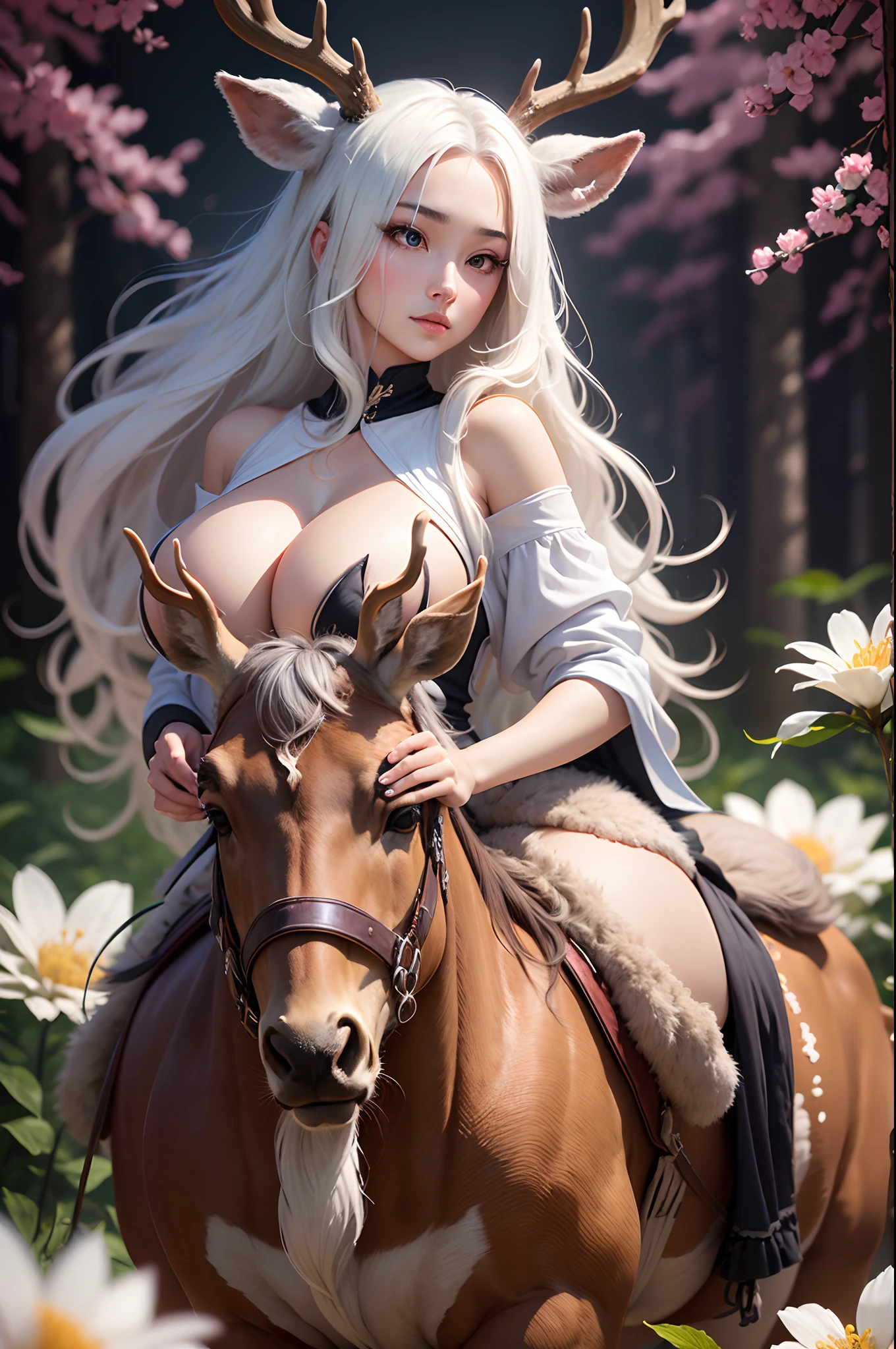 (masterpiece), (best quality), 8k resolution, 1girl, Asian girl, stunning beauty, perfect face, big breast, mature female, 20yo, sexy, deer ear, huge deer horns, long hair, white hair, riding a deer, simple background, full body, deer body, white flowers at background
