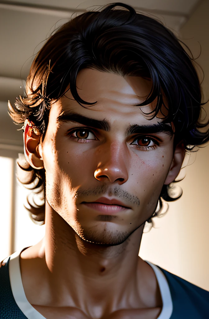 Rafael Nadal, Look into the camera, specular lighting, Volumetric light of the face, tennis