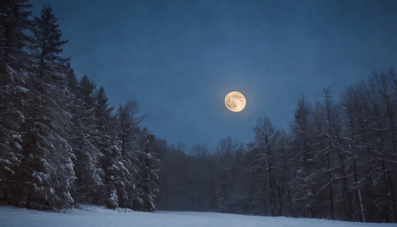 standing in the middle of the snowy forest, moon is rising in the sky, eerie, gothic, scary, night, cinematic scene from film