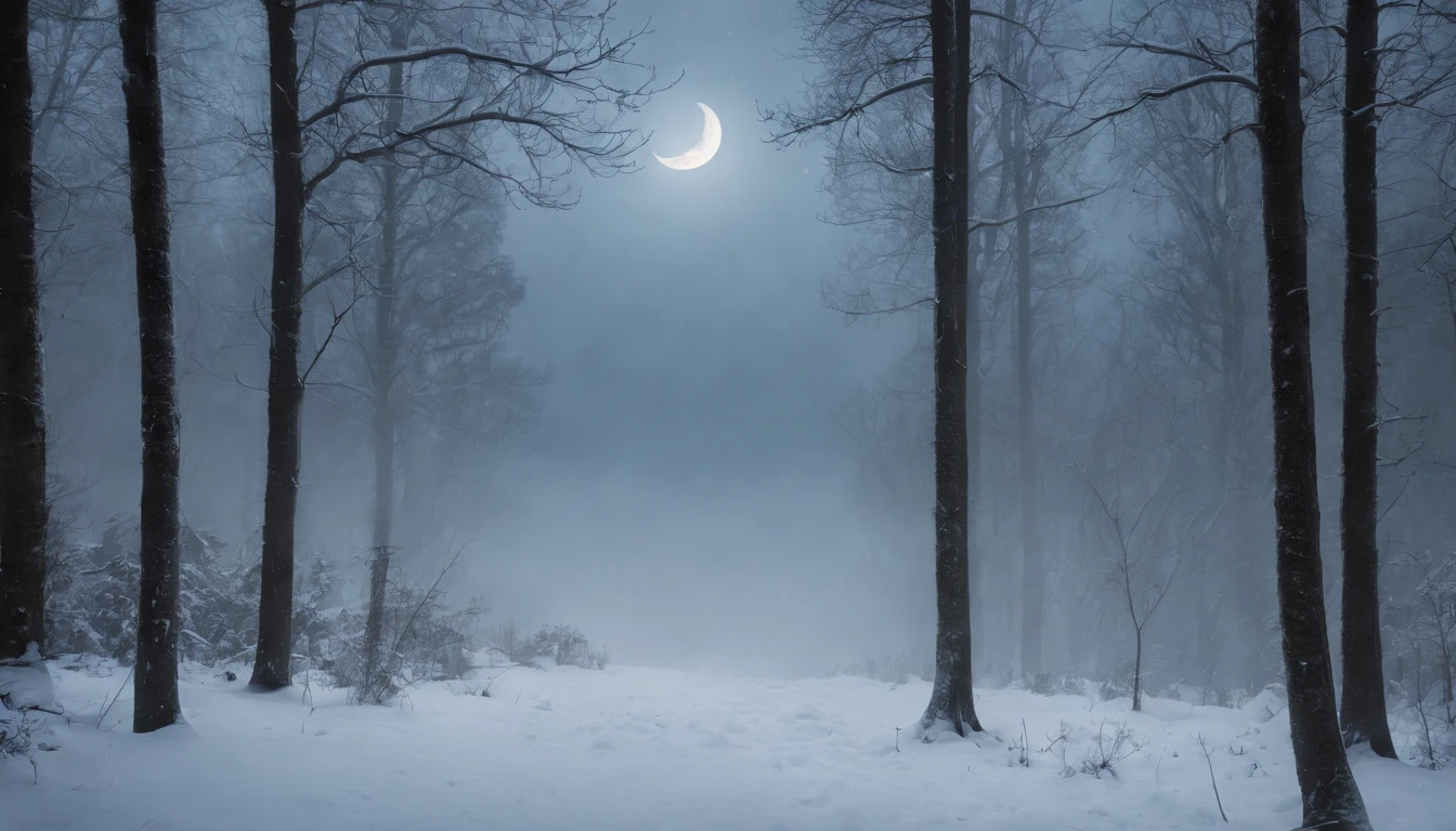 standing in the middle of the snowy forest, moon is rising in the sky, eerie, gothic, scary, night, cinematic scene from film