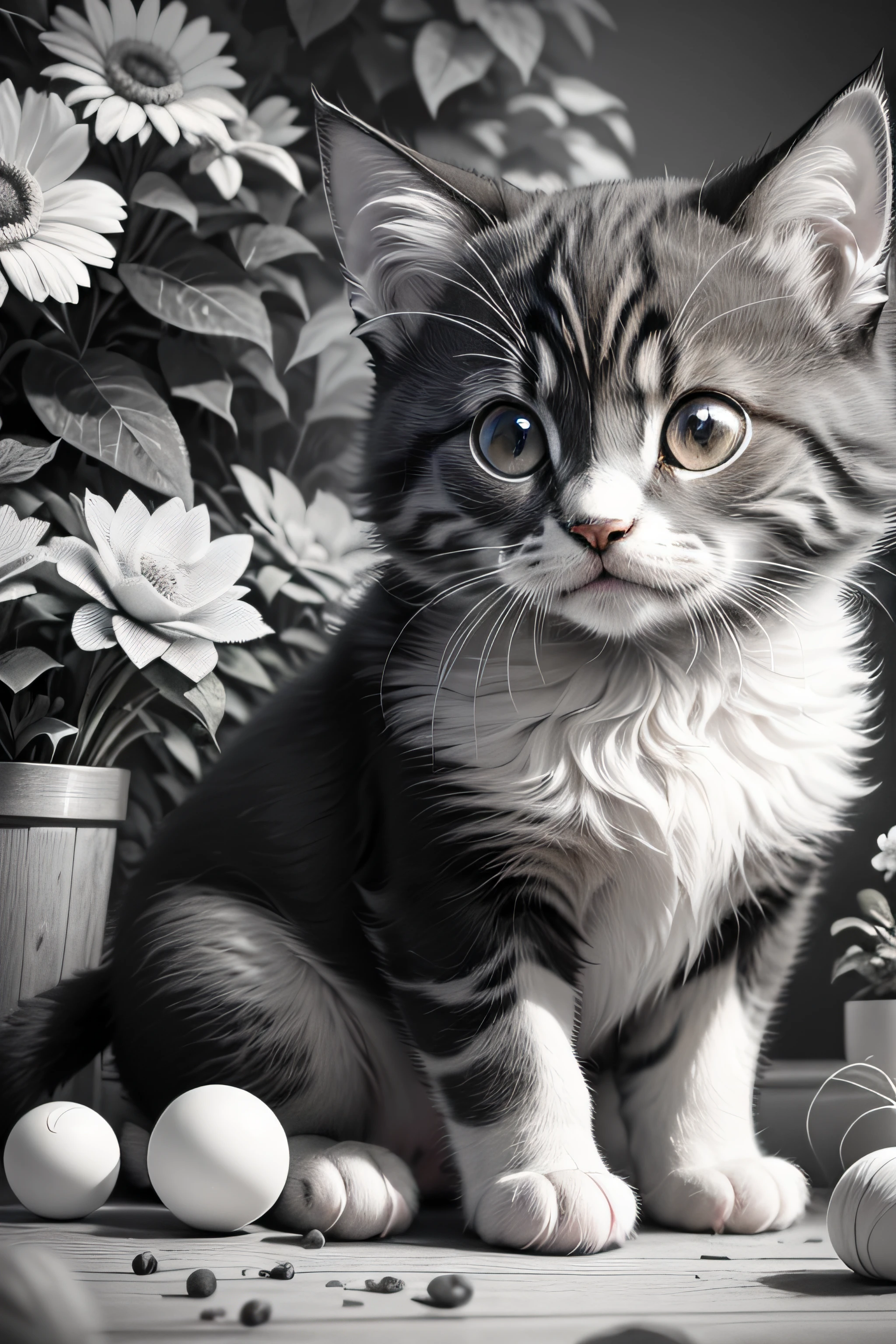 (best quality,ultra-detailed)(black and white,line drawing only) A cute kitten with adorable, expressive eyes, fluffy fur, and floppy ears. It has a playful expression and a wagging tail. The puppy is sitting in a garden filled with flowers and butterflies.The puppy is surrounded by colorful toys, such as balls and squeaky toys. The drawing should capture the puppy's innocence and charm, with intricate details in its fur and features. The lines should be smooth and clean, creating a visually appealing black and white composition. The final artwork should be high-resolution and suitable for printing as a coloring page.