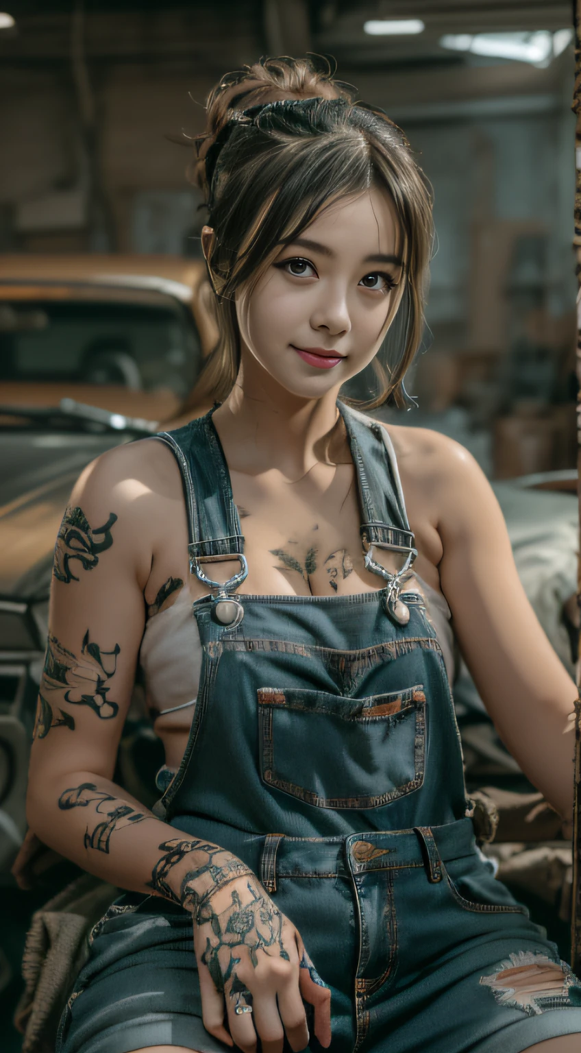 ((Best quality)), ((Masterpiece)), (Detailed), A charming and seductive female mechanic covered in grease,confident smile,sitting down on the floor,Wear suspender denim shorts(Dirty and rough charm:1.2), (Tough and confident demeanor:1.1), (Mechanical expertise:1.3), Disheveled hair, smudged face,With a playful smile, Stained overalls clinging to her curves, (Tenacious trading tools:1.2), Cluttered repair shop, Scattered car parts, (Authentic car atmosphere:1.2), (Strong gaze:1.1), The hand was soiled with a wrench, 8K resolution,looking at another, looks away,( tattoo:1.2), Masterpiece, Best quality,Photorealistic, Ultra-high resolution, Photographic light