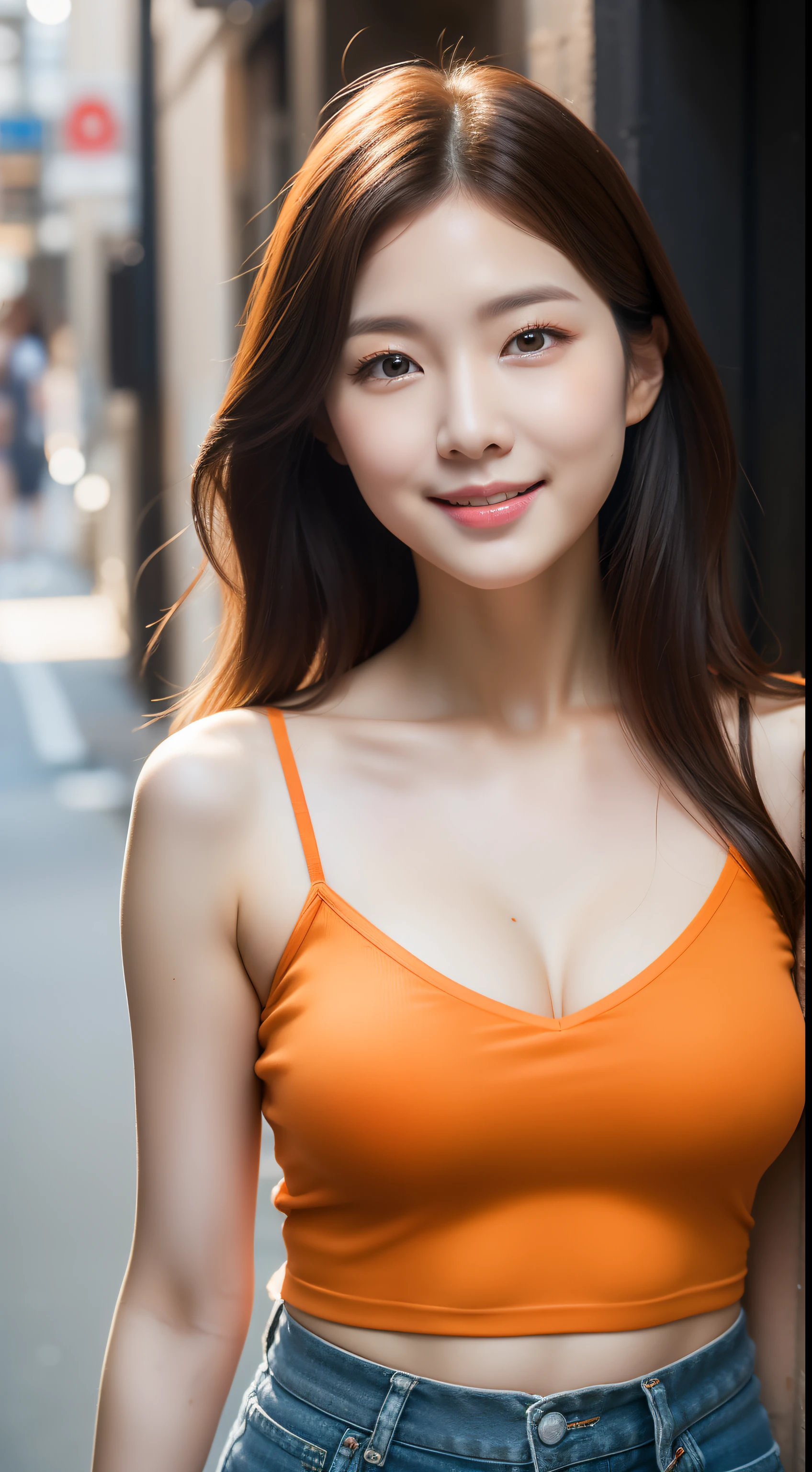 realistic photos of 1 cute Korean star, straight hair, white skin, thin makeup, 32 inch breasts size, slightly smile, wearing orange camisole, pants, standing in street alley, close-up portrait, UHD