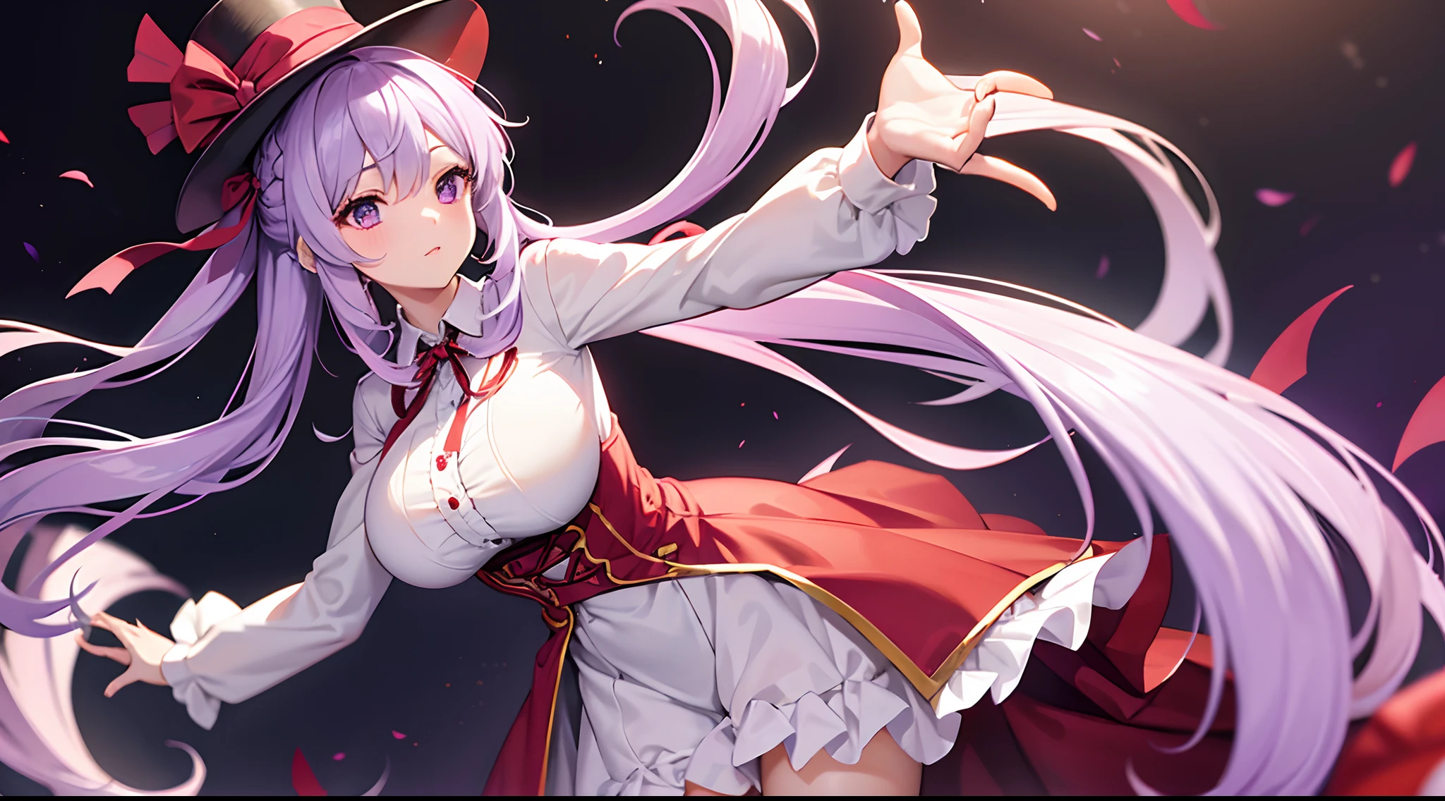 1 girl, game CG, frilled white shirt, short red skirt, cloak, top hat, neck ribbon, hair ribbon, gigantic breasts, light purple hair, long hair, french braid, purple eyes, Halloween background,