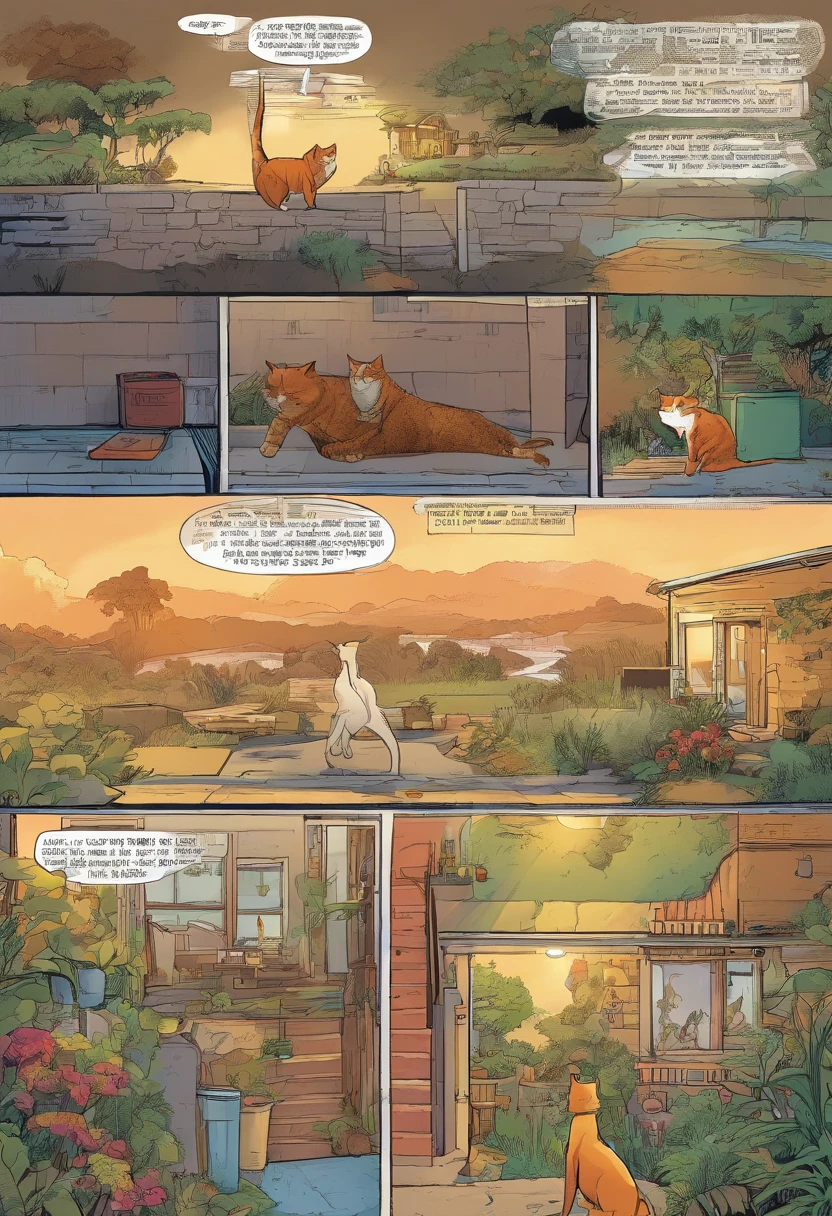 American comics, the comic story is presented in multiple irregular panels with color. The American Shorthair cat goes through hardships while running away from home and then reunites with its owner. The style is exaggerated and detailed