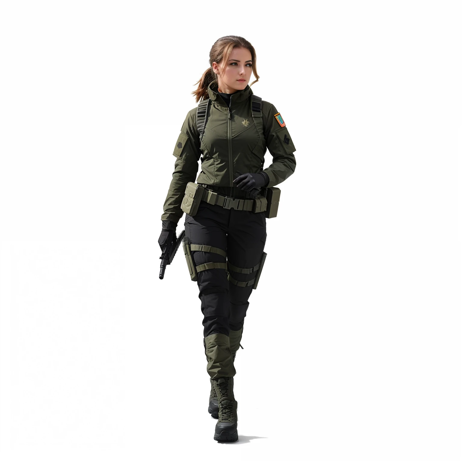 Araffenfrau in schwarzem Oberteil und Tarnhose mit einer Waffe, mechanisiertes Soldatenmädchen, Weibliche Hauptfigur, Foto einer Techwear-Frau, Full-body female, Ganzkörperaufnahme hyperdetailliert, Female full body, Beautiful female soldier, Military Girl, Infantry Girl, in Militärkleidung, in a dark space mercenary outfit, Leise von Metal Gear Solid