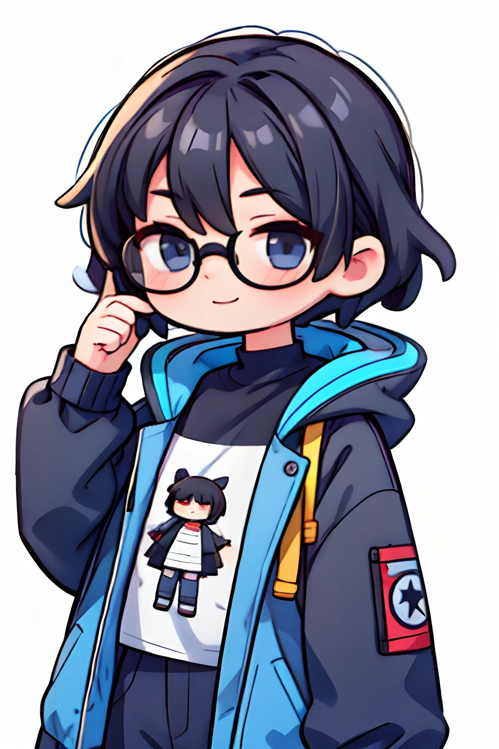 man、A dark-haired、eye glasses、A smile、parka、Black T-shirt、2 head body、White background