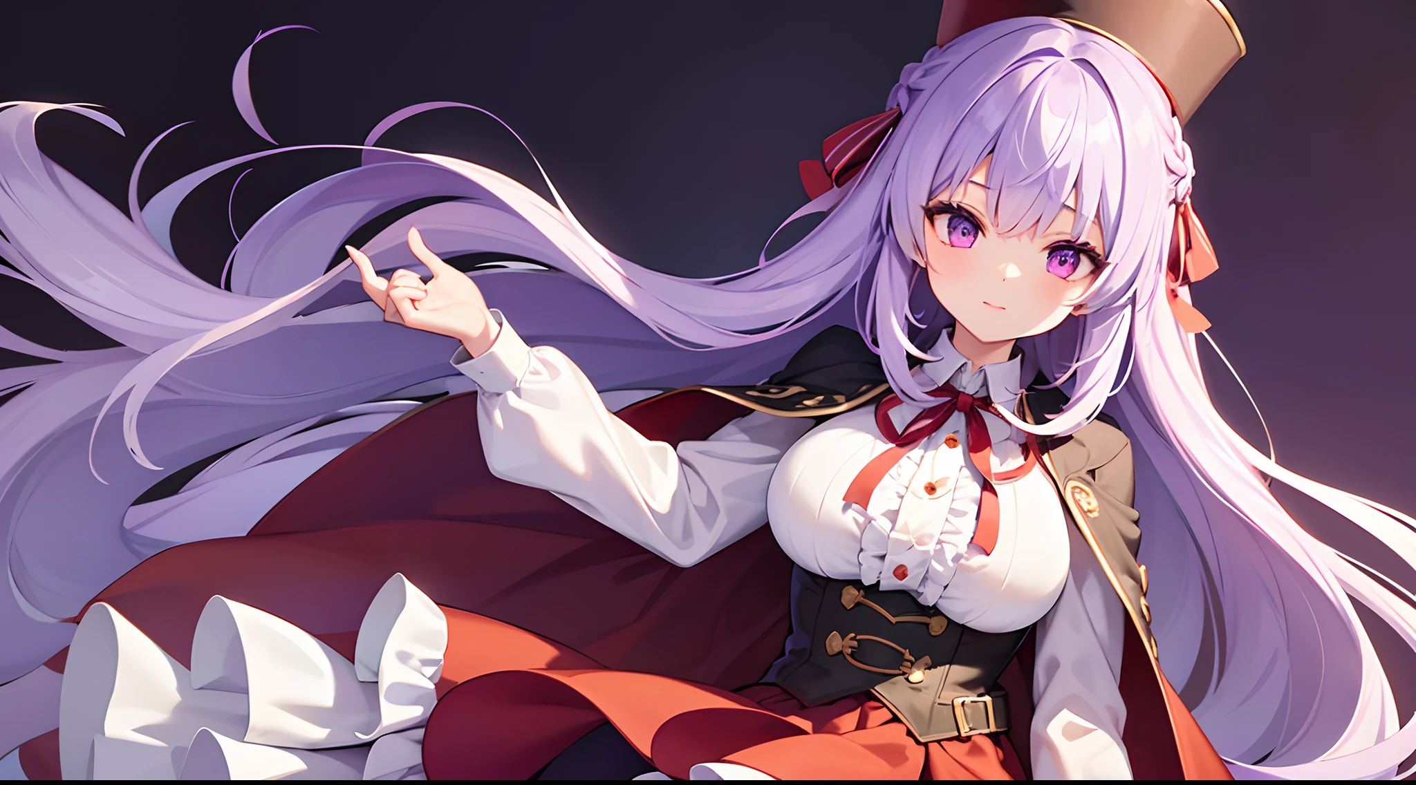 1 girl, game CG, frilled white shirt, short red skirt, cloak, top hat, neck ribbon, hair ribbon, gigantic breasts, light purple hair, long hair, french braid, purple eyes, Halloween background,