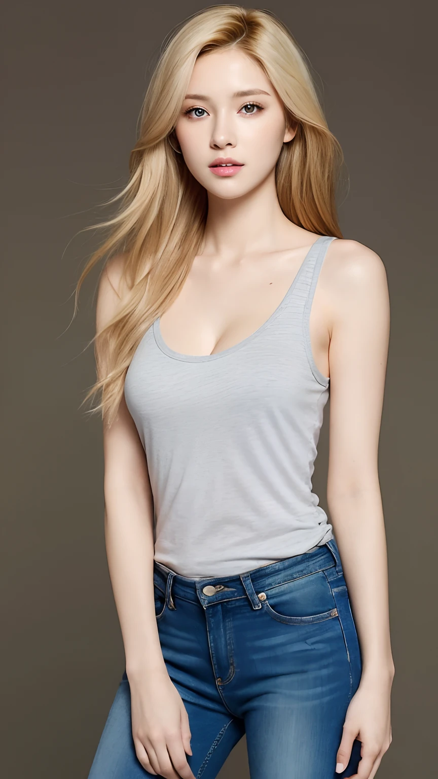 （lifelike， high - resolution：1.3）， 1 girl with a perfect body， Super fine face and eyes，blond hair, long hair， Tank top of random colors：1.2， short jeans， medium boob，Expose cleavage, river