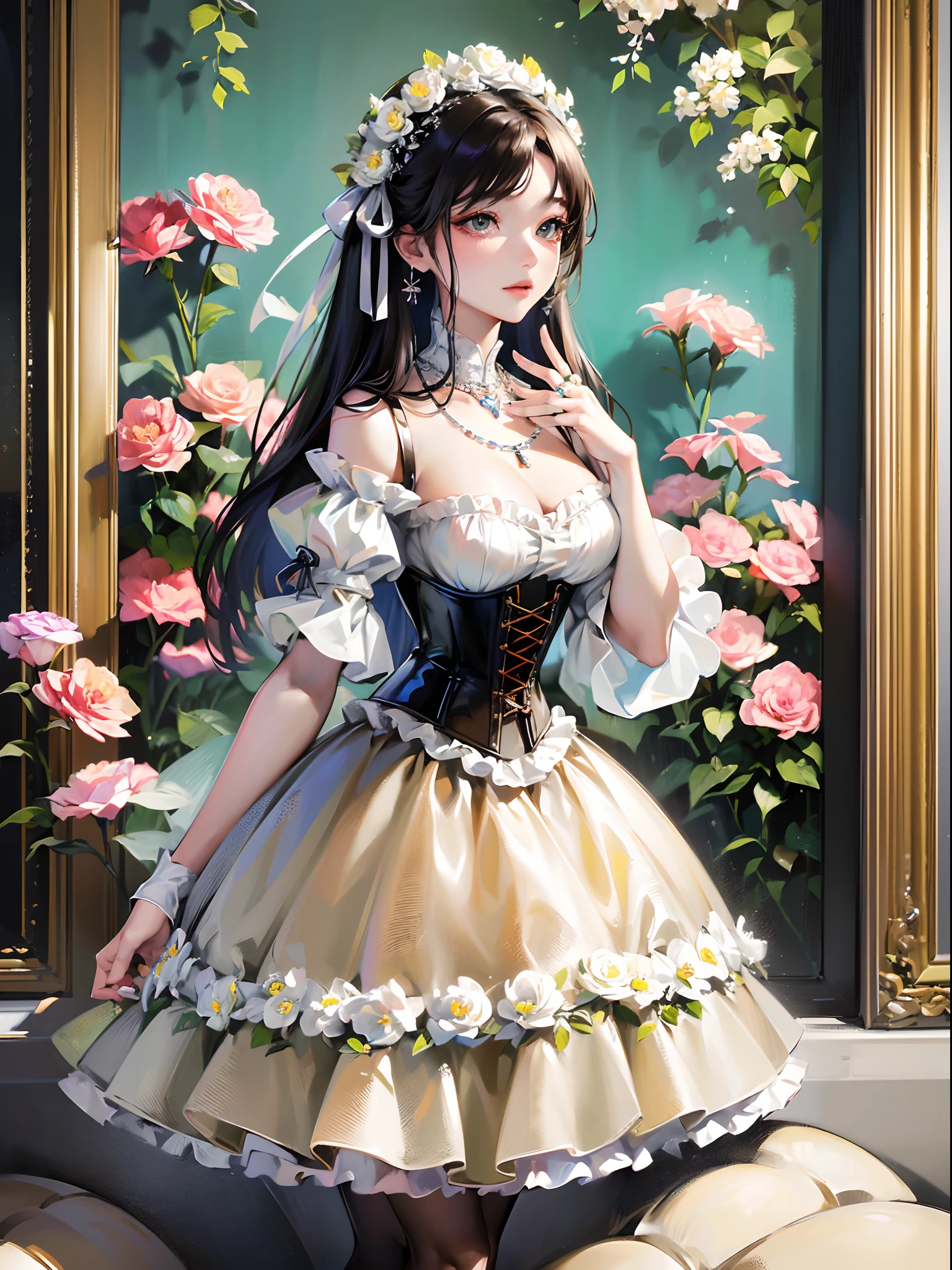 (Finest quality)),(超A high resolution),(ultra-detailliert),(Meticulous portrayal),((best pictures)),(Finest works of art),Ultra-Precision Art,The art of astounding depiction, Fashion art:1.5, Corset Dresses,耳Nipple Ring,a necklace,Ring Many Flowers:1.5