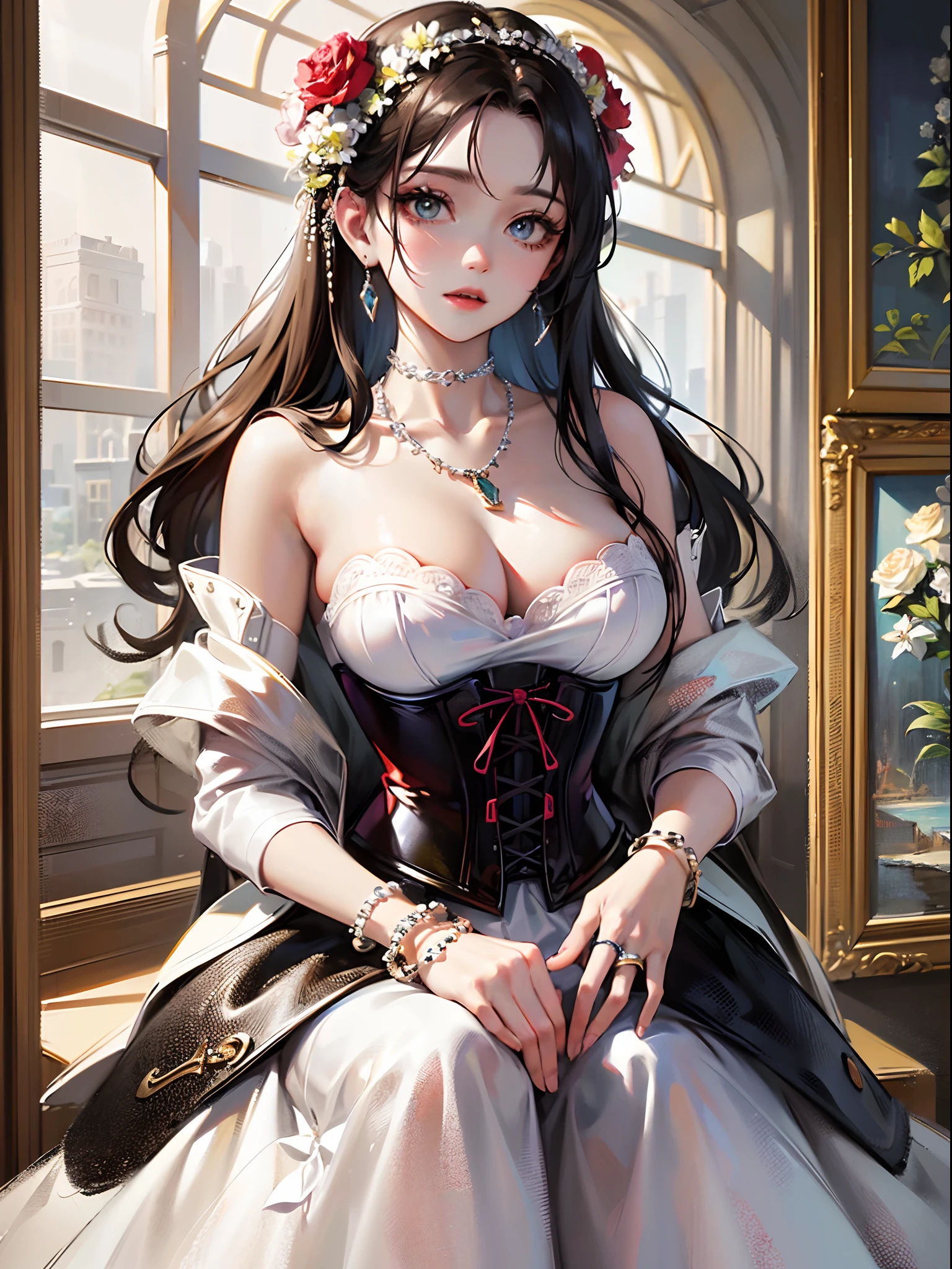 (Finest quality)),(超A high resolution),(ultra-detailliert),(Meticulous portrayal),((best pictures)),(Finest works of art),Ultra-Precision Art,The art of astounding depiction, Fashion art:1.5, Corset Dresses,耳Nipple Ring,a necklace,Ring Many Flowers:1.5