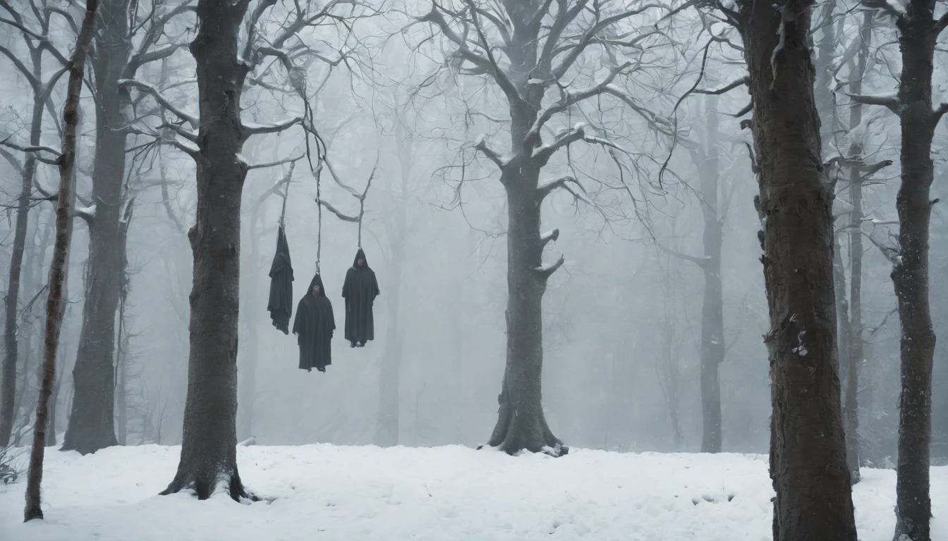 medieval Hungary, bodies of men hanging from a tree branch strung up by ropes, night, snow, forest, gothic, eerie, scary, cinematic scene from film