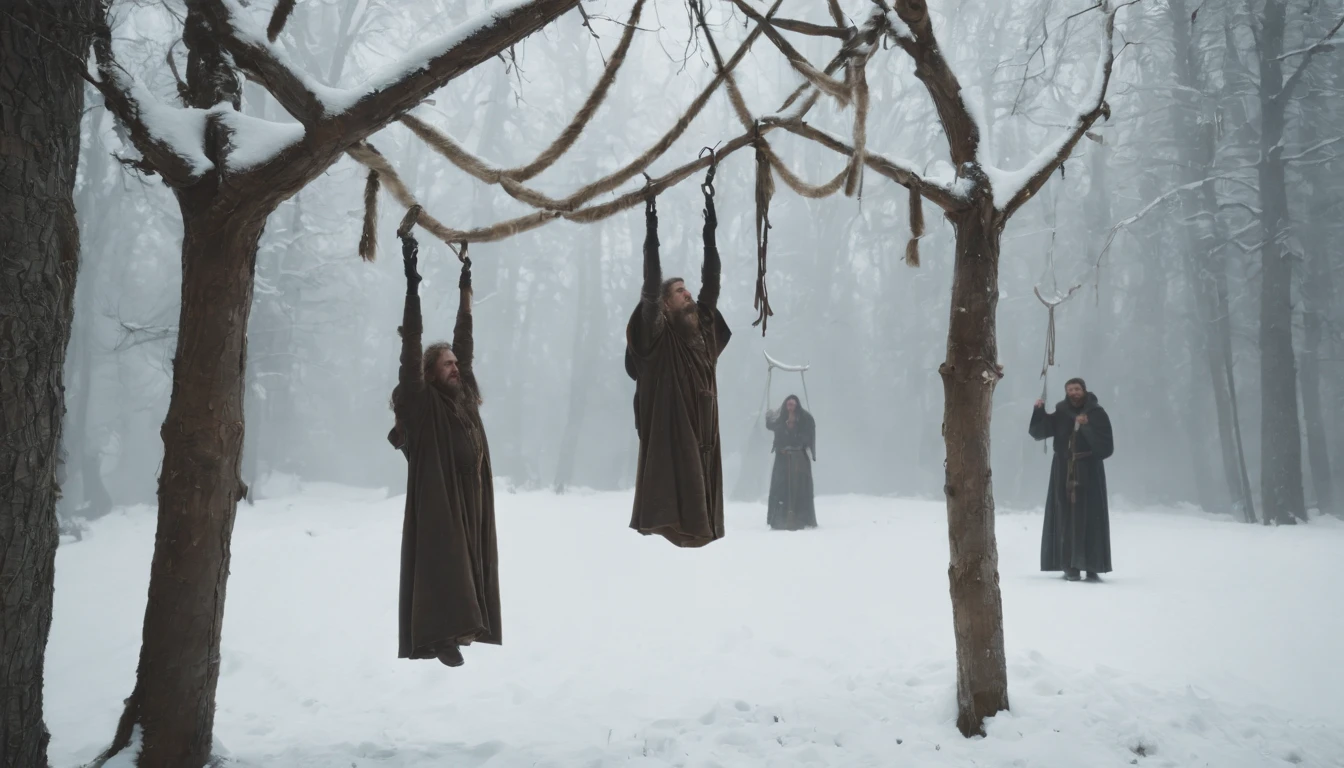 medieval Hungary, bodies of men hanging from a tree branch strung up by ropes, night, snow, forest, gothic, eerie, scary, cinematic scene from film