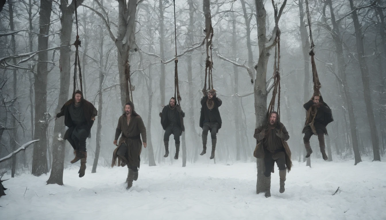 (best quality, 8k, photorealistic), three medieval bodies hanging from trees by ropes, snow-covered landscape, dark and chilling atmosphere, eerie and mysterious, cinematic scene from a film, a scene that sends shivers down the spine.