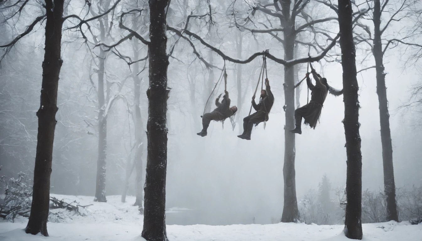 medieval Hungary, bodies of men hanging from a tree branch strung up by ropes, night, snow, forest, gothic, eerie, scary, cinematic scene from film