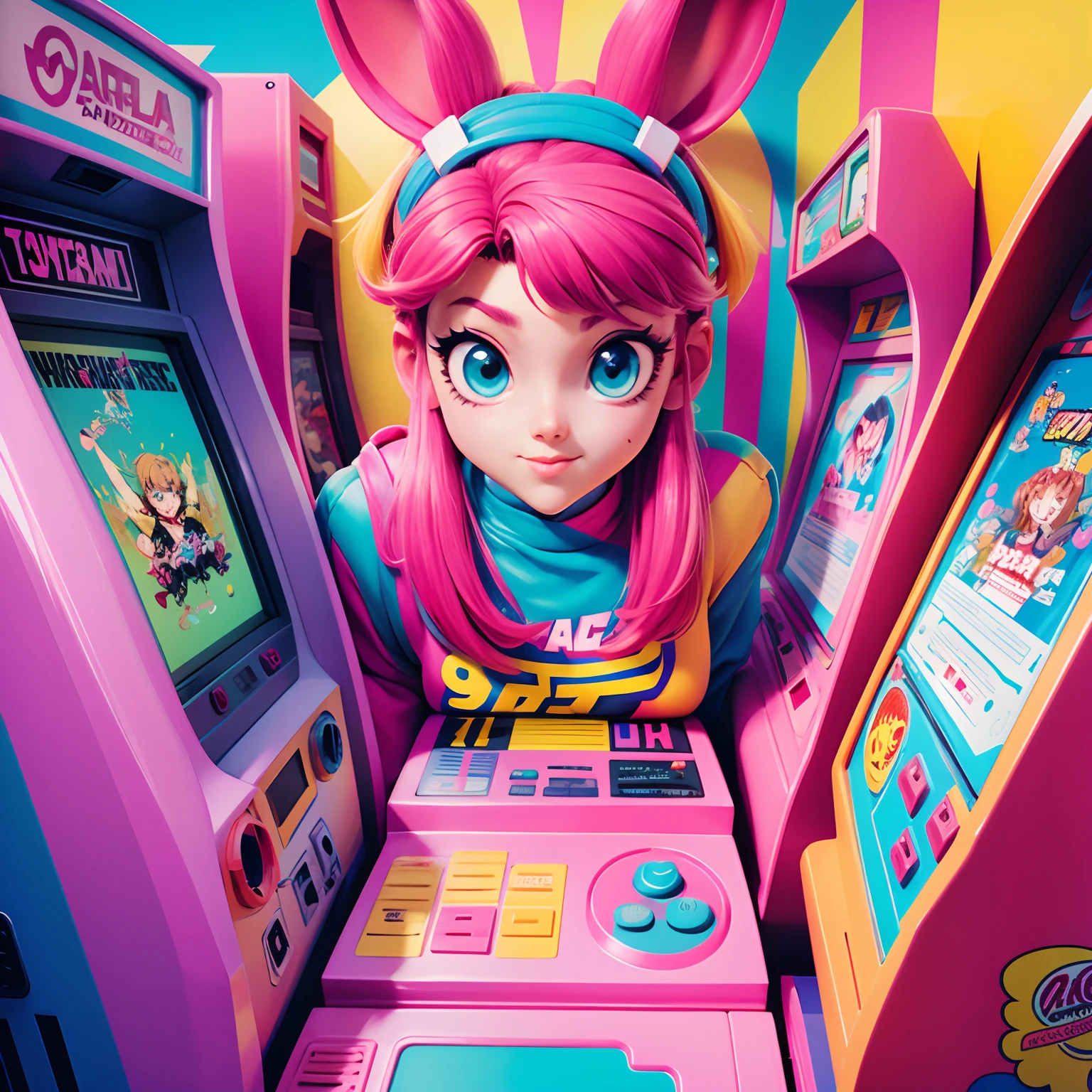 a poster inspired by the 90s aesthetic that includes anime, arcade, nostalgic and colorfull colors