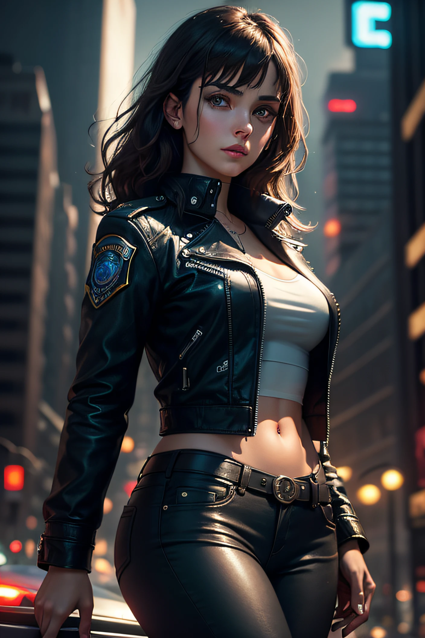 tmasterpiece, Best quality, profondeur de champ, cinematic light, Lens Flare, Ray Tracing, back view. 1Kristin Kreuk (extremely beautiful face, lovely lips, beaux yeux verts, ponytail). Dans le noir, ombre profonde, (very skinny slender fit-muscled body:1.3), ((Regarder le spectateur)),(Grand sourire:1.3), (Neon Sign), (blurred background),(without people in the background:1.3), Beautiful earrings, Bracelets, (Grands yeux), Face forward, ((blouson et pantalon moulant en cuir noire:1.3)), (Regarder le spectateur:1.3) sein ouvert, very slim, seins moyens, faire demi-tour, (Rear shot), Accent sur le cul, thick thighs
