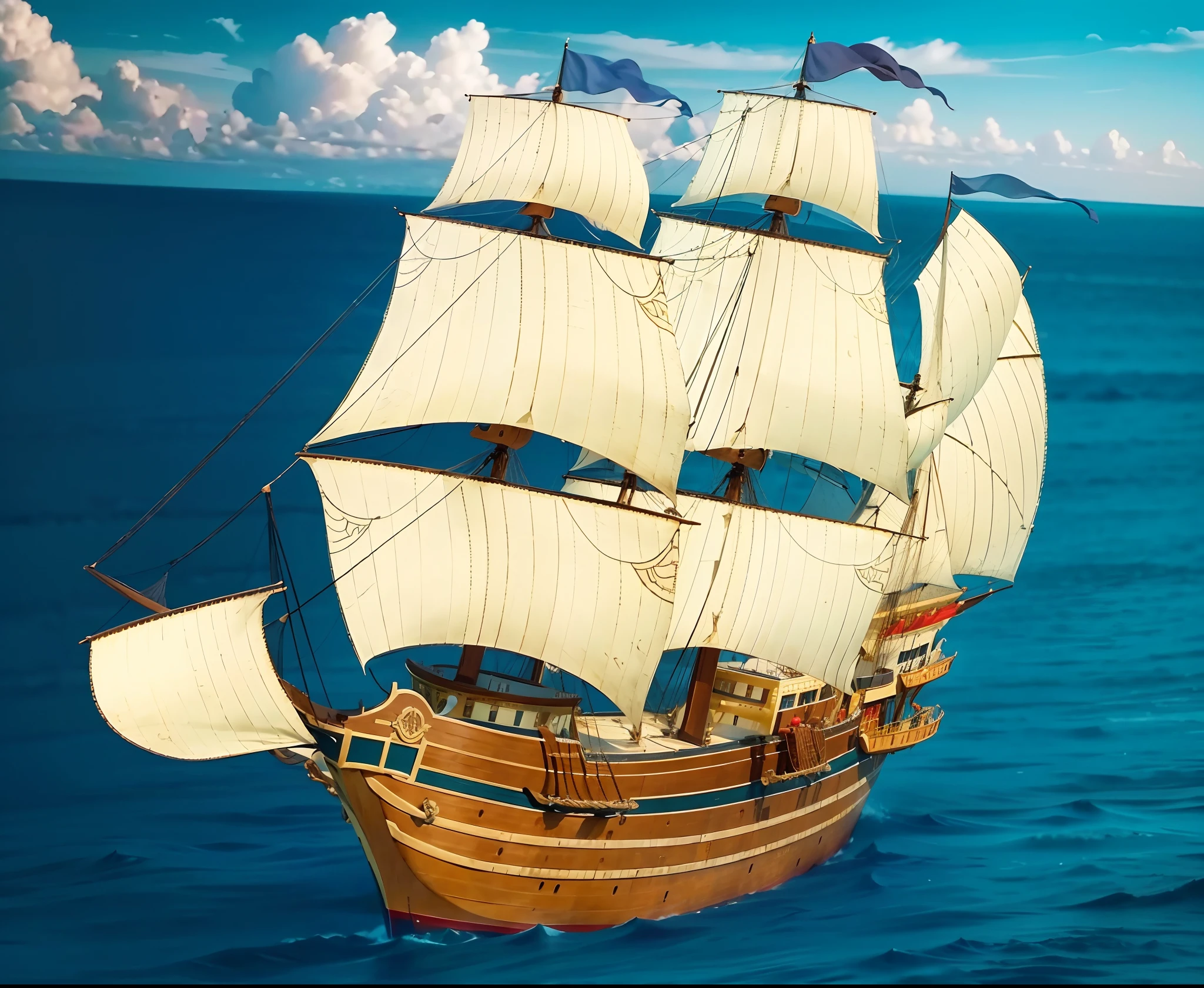 Show the whole and complete large size galleon ship,There are only three masts in total, Early 16th century, very large size and quite streamlined and very board hull, The sails have several pieces, 82 feet long, 28 feet wide, 16 feet wide. The boat is characterized by being strong enough, but very low maneuverability, it can withstand high waves, spacious, 250 tons. The hull is high volume, The side of the ship is high, 1high Aftercastle. 16th century, age of exploration, medieval age, renaissance