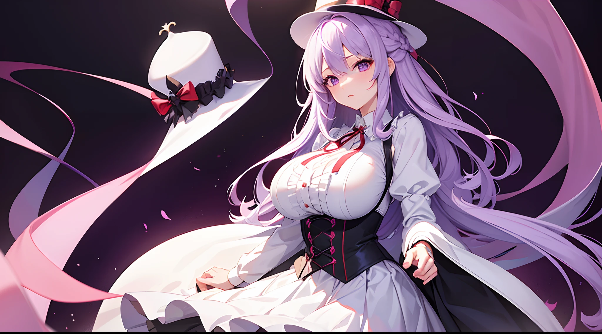 1 girl, game CG, frilled white shirt, short red skirt, cloak, top hat, neck ribbon, hair ribbon, gigantic breasts, light purple hair, long hair, french braid, purple eyes, Halloween background,