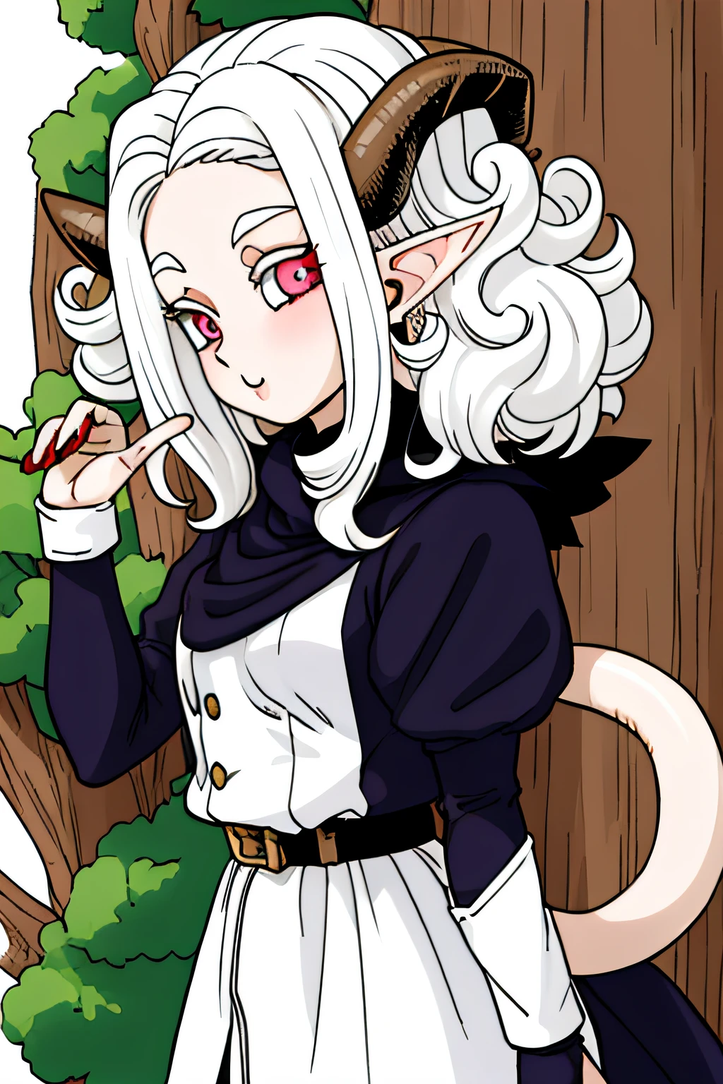 toriyama akira ((Best Quality)), ((Masterpiece)), 1girl, female focus, black hair, white hair, two-toned hair, heterochromia, white eyes, slit pupils, horns, pale, beautiful, solo, medium hair, elf, curly hair, official art, white fringe, black horns, woman, dragon tail