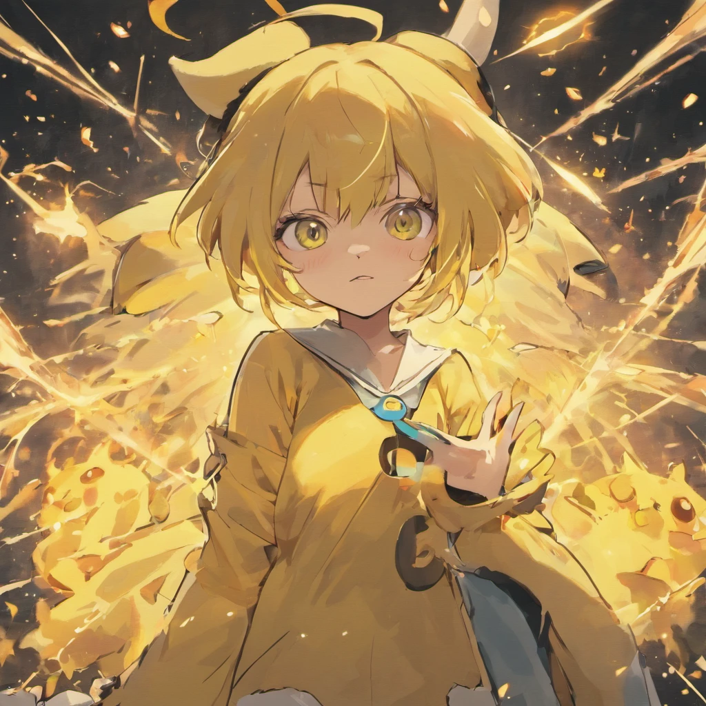 Create an image of a kneeling humanoid Pikachu, There is a large tattoo tattoo on one hand