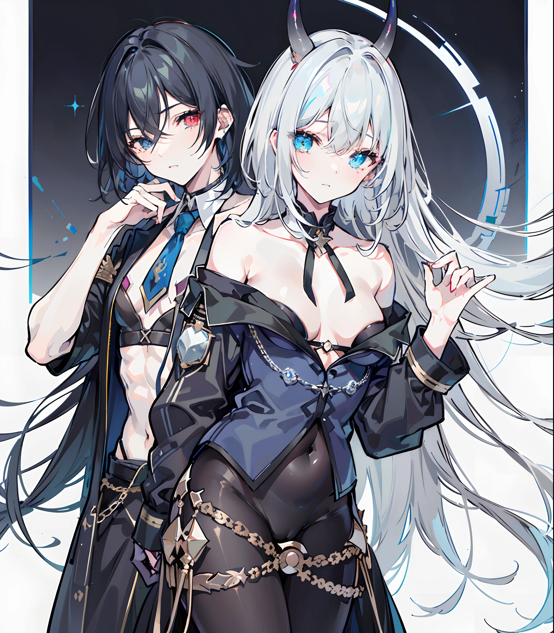 Young man 1, Demon horn, {{{(Dark blue heterochromia), (Dark gray heterochromia)}}}, ((Hi-Res)), ((masuter piece)), ((Best Quality)), (Very detailed)), Large file size, fulcolor, Short black hair, Chiseled abs, thin chest plate, Open Brassiere