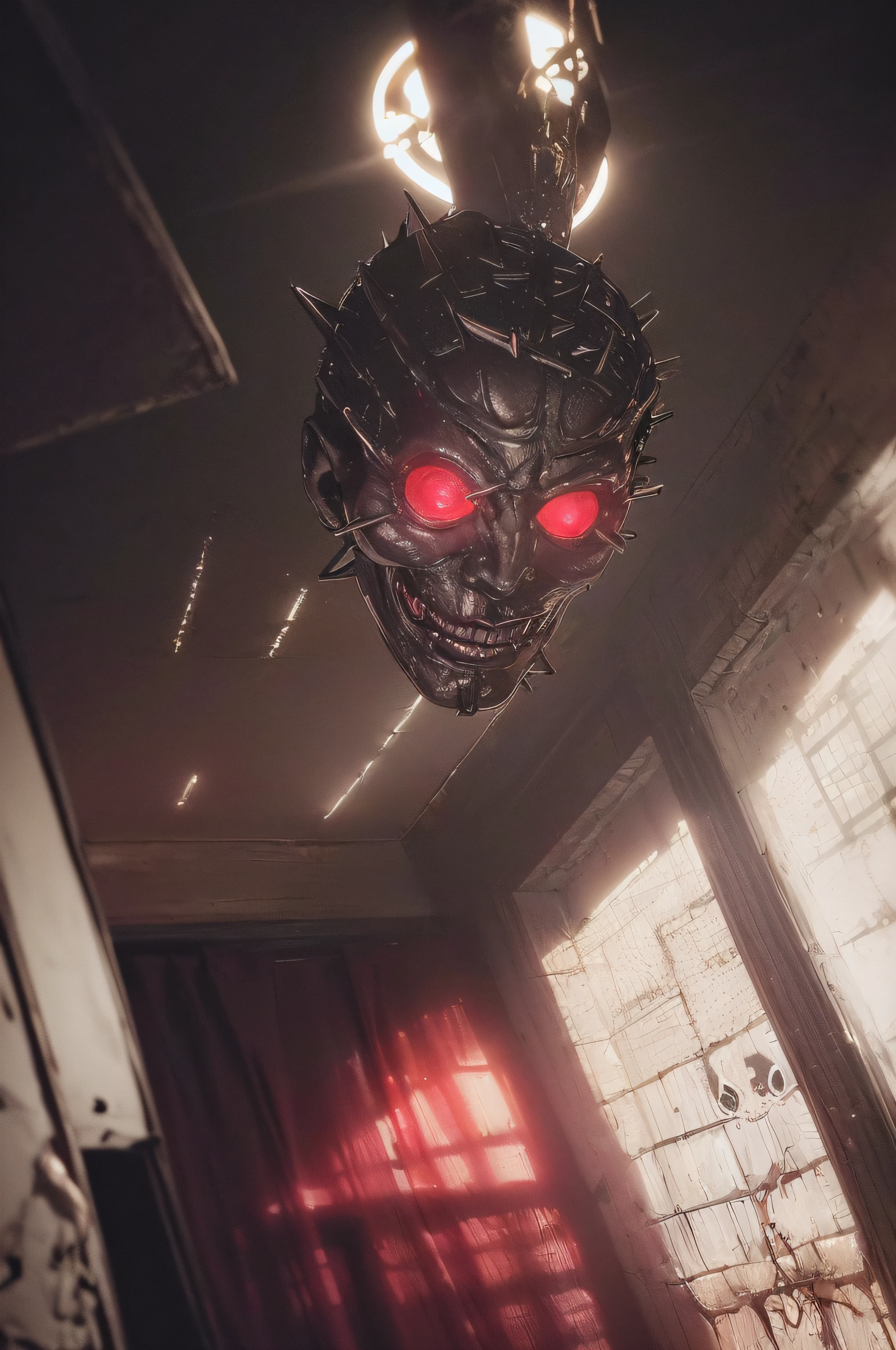 "(The best lighting, oscuro, dramatic),(feto calavera alien, Hellraiser, Cicatrices, , sexy, cerebro, sangre, una rata dentro de la cabeza, terror.),(ojos rojos, calaveras). morning light.