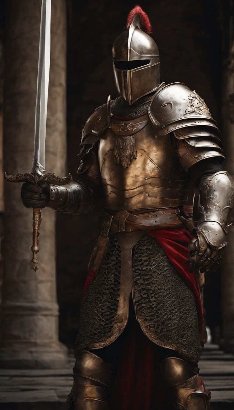 A man in armor stands in the hall with a sword, full portrait of magical knight, ares with heavy armor and sword, Fantasy warrior in full armor, paladin golden armor,There are demon horns on the helmet,Blood-red glowing eyes,for honor charector concept art, knight armored in red, Epic Paladin armor, holy crusader medieval knight,fully body photo