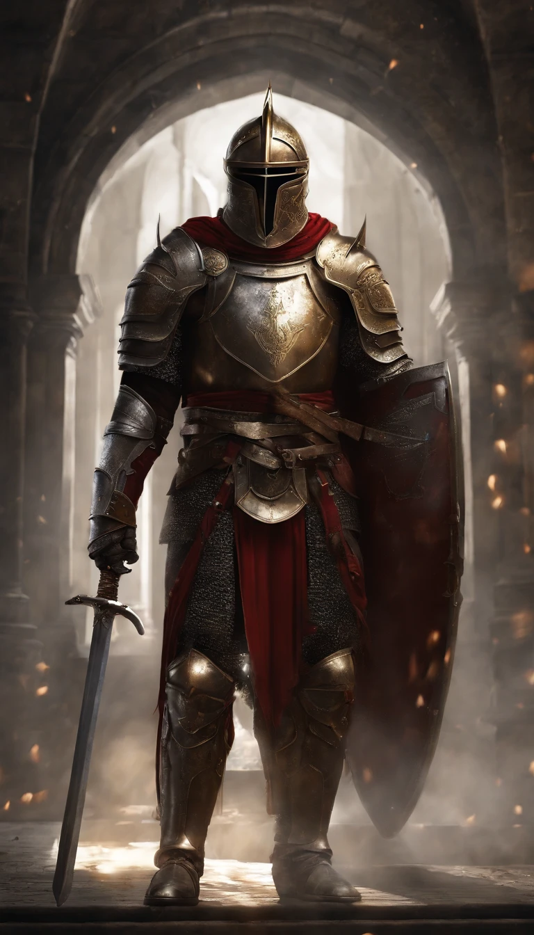 A man in armor stands in the hall with a sword, full portrait of magical knight, ares with heavy armor and sword, Fantasy warrior in full armor, paladin golden armor,There are demon horns on the helmet，Blood-red glowing eyes，for honor charector concept art, knight armored in red, Epic Paladin armor, holy crusader medieval knight，fully body photo