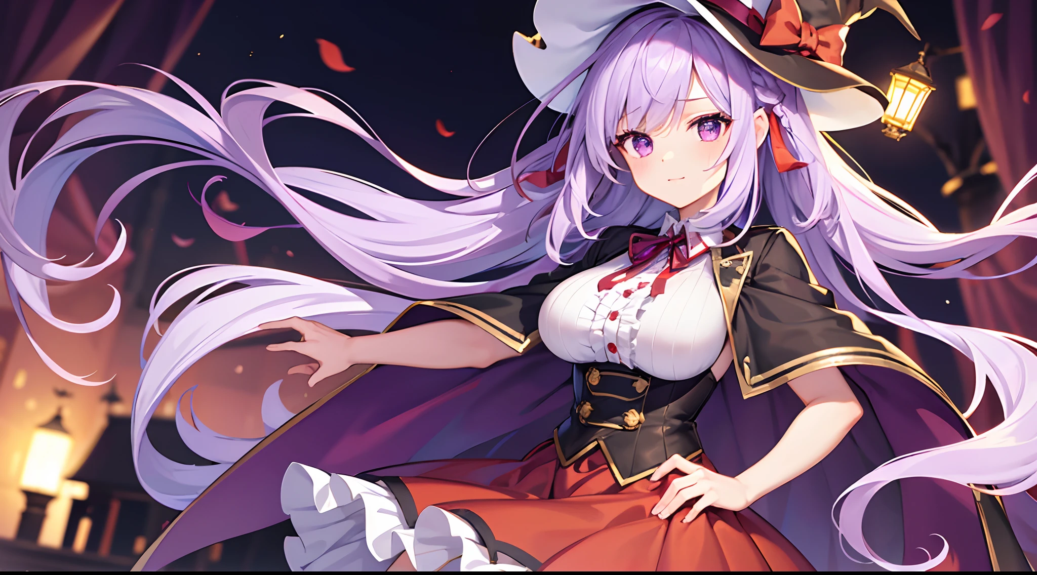 1 girl, game CG, frilled white shirt, short red skirt, cloak, top hat, neck ribbon, hair ribbon, gigantic breasts, light purple hair, long hair, french braid, purple eyes, Halloween background,
