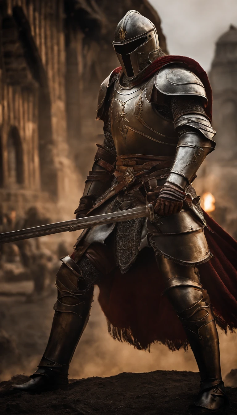 A man in armor stands in the hall with a sword, full portrait of magical knight, ares with heavy armor and sword, Fantasy warrior in full armor, paladin golden armor,There are demon horns on the helmet,Blood-red glowing eyes,for honor charector concept art, knight armored in red, Epic Paladin armor, holy crusader medieval knight,fully body photo
