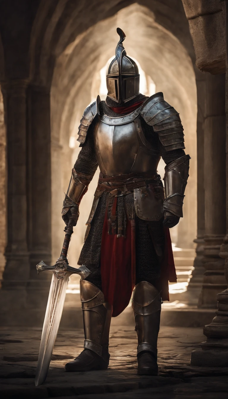 A man in armor stands in the hall with a sword, full portrait of magical knight, ares with heavy armor and sword, Fantasy warrior in full armor, paladin golden armor,There are demon horns on the helmet,Blood-red glowing eyes,for honor charector concept art, knight armored in red, Epic Paladin armor, holy crusader medieval knight,fully body photo
