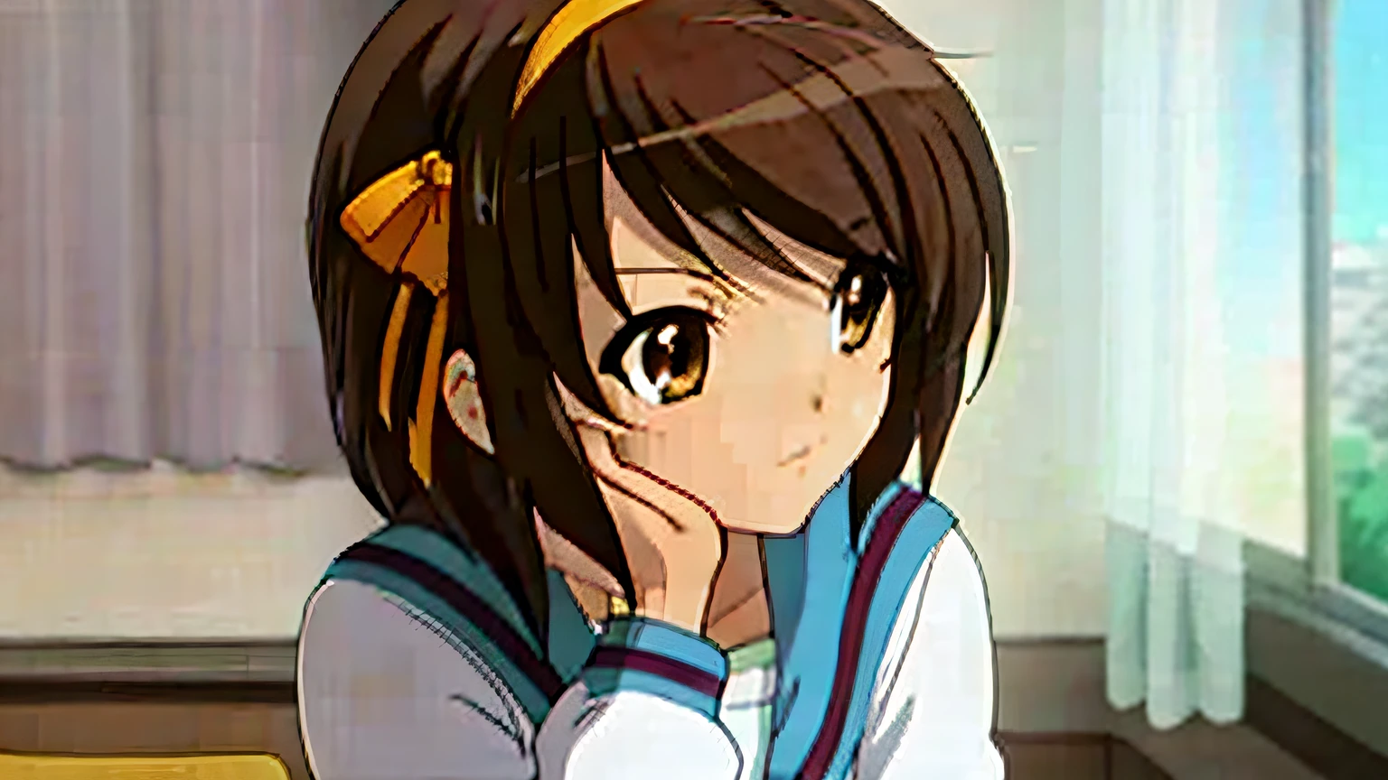 Anime girl sitting in a room with her hand on her chin, Haruhi Suzumiya, De cerca, Joven chica anime, Una chica de anime, Primer plano de una chica anime, Personaje fe****** de anime, Perfil de Anime Girl, kyoto animation studio, kyoani, Anime visual de una chica linda, Atractiva chica de anime, Hermosa chica de secundaria de anime