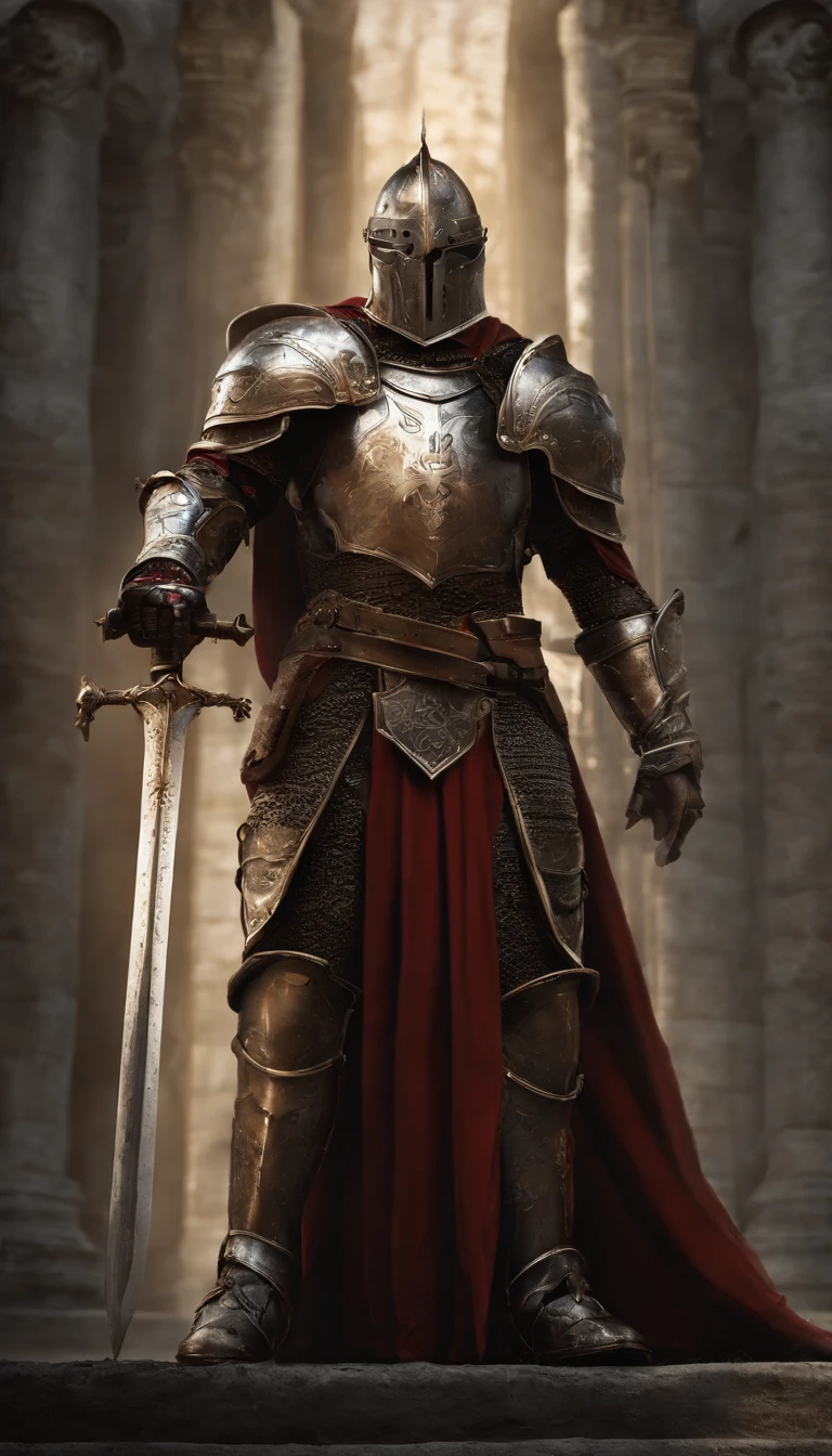 A man in armor stands in the hall with a sword, full portrait of magical knight, ares with heavy armor and sword, Fantasy warrior in full armor, paladin golden armor,There are demon horns on the helmet,Blood-red glowing eyes,for honor charector concept art, knight armored in red, Epic Paladin armor, holy crusader medieval knight,fully body photo