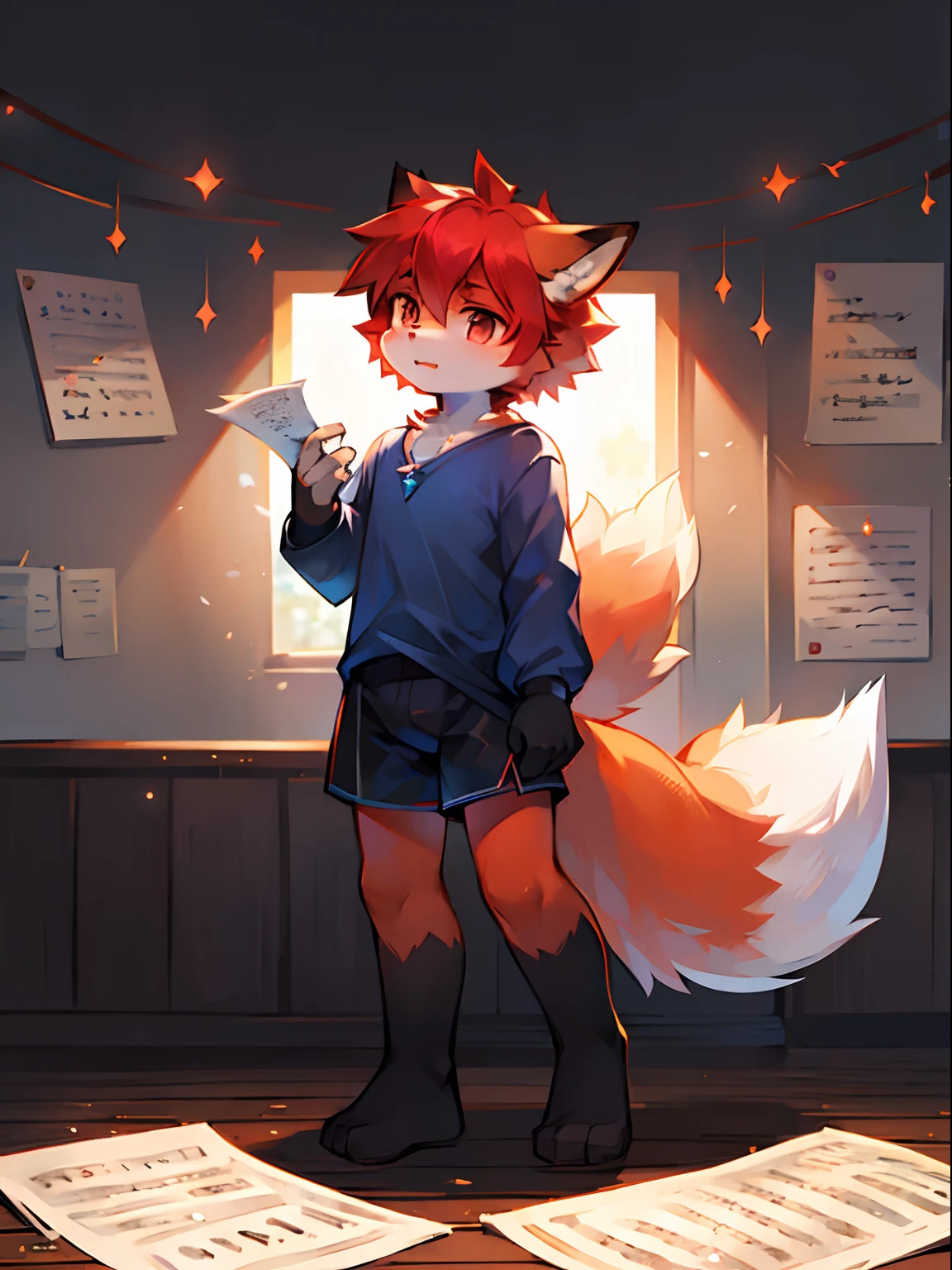 a fox，Fiery red hair，blue-shirt，black cloaths，Fluffy tail，adolable，Shota，music sheets，are standing，There is light in the eyes，Scattered paper，Scattered paper floating in the air
