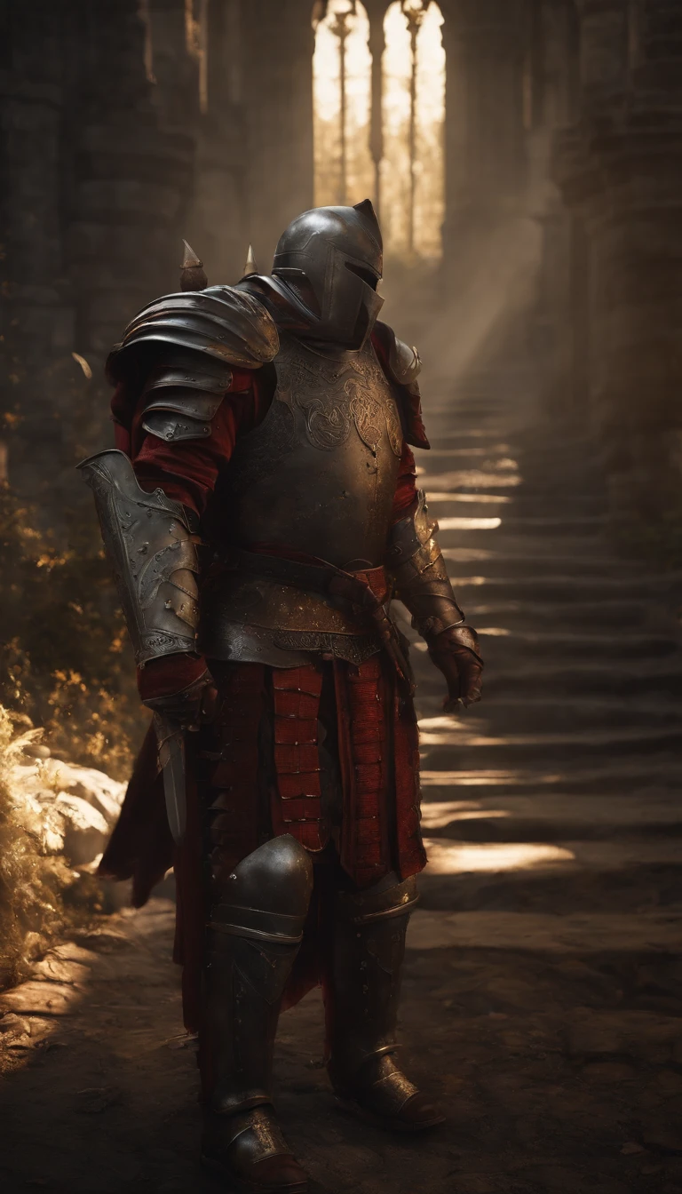 A man in armor stands in the hall with a sword, full portrait of magical knight, ares with heavy armor and sword, Fantasy warrior in full armor, paladin golden armor,There are demon horns on the helmet，Blood-red glowing eyes，for honor charector concept art, knight armored in red, Epic Paladin armor, holy crusader medieval knight，fully body photo