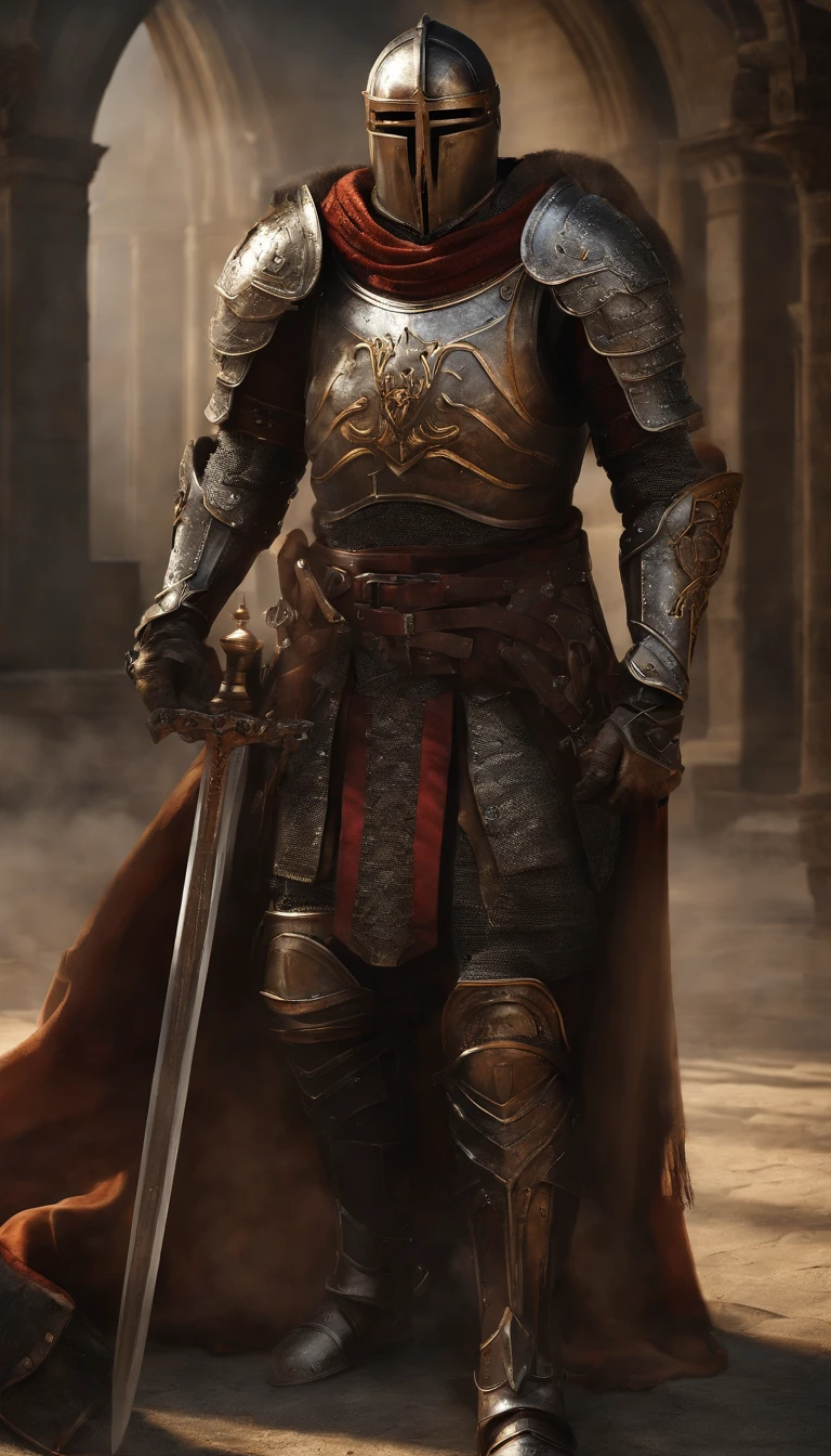 A man in armor stands in the hall with a sword, full portrait of magical knight, ares with heavy armor and sword, Fantasy warrior in full armor, paladin golden armor,There are demon horns on the helmet，Blood-red glowing eyes，for honor charector concept art, knight armored in red, Epic Paladin armor, holy crusader medieval knight，fully body photo