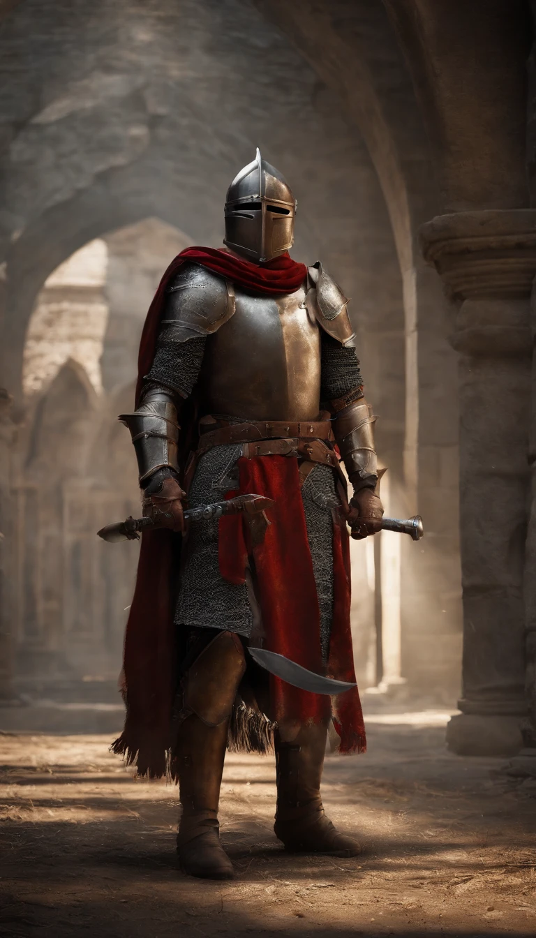 A man in armor stands in the hall with a sword, full portrait of magical knight, ares with heavy armor and sword, Fantasy warrior in full armor, paladin golden armor,There are demon horns on the helmet，Blood-red glowing eyes，for honor charector concept art, knight armored in red, Epic Paladin armor, holy crusader medieval knight，fully body photo