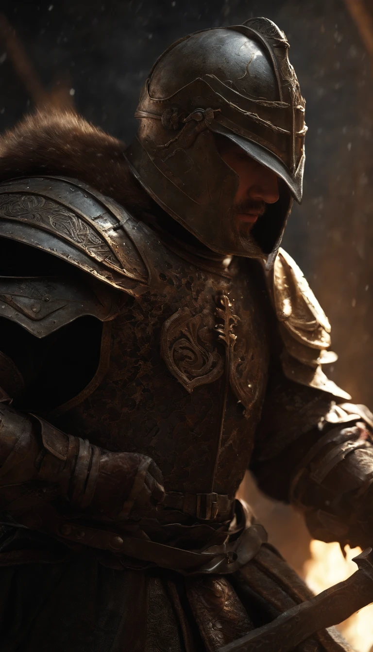 A man in armor stands in the hall with a sword, full portrait of magical knight, ares with heavy armor and sword, Fantasy warrior in full armor, paladin golden armor,There are demon horns on the helmet,Blood-red glowing eyes,for honor charector concept art, knight armored in red, Epic Paladin armor, holy crusader medieval knight,fully body photo