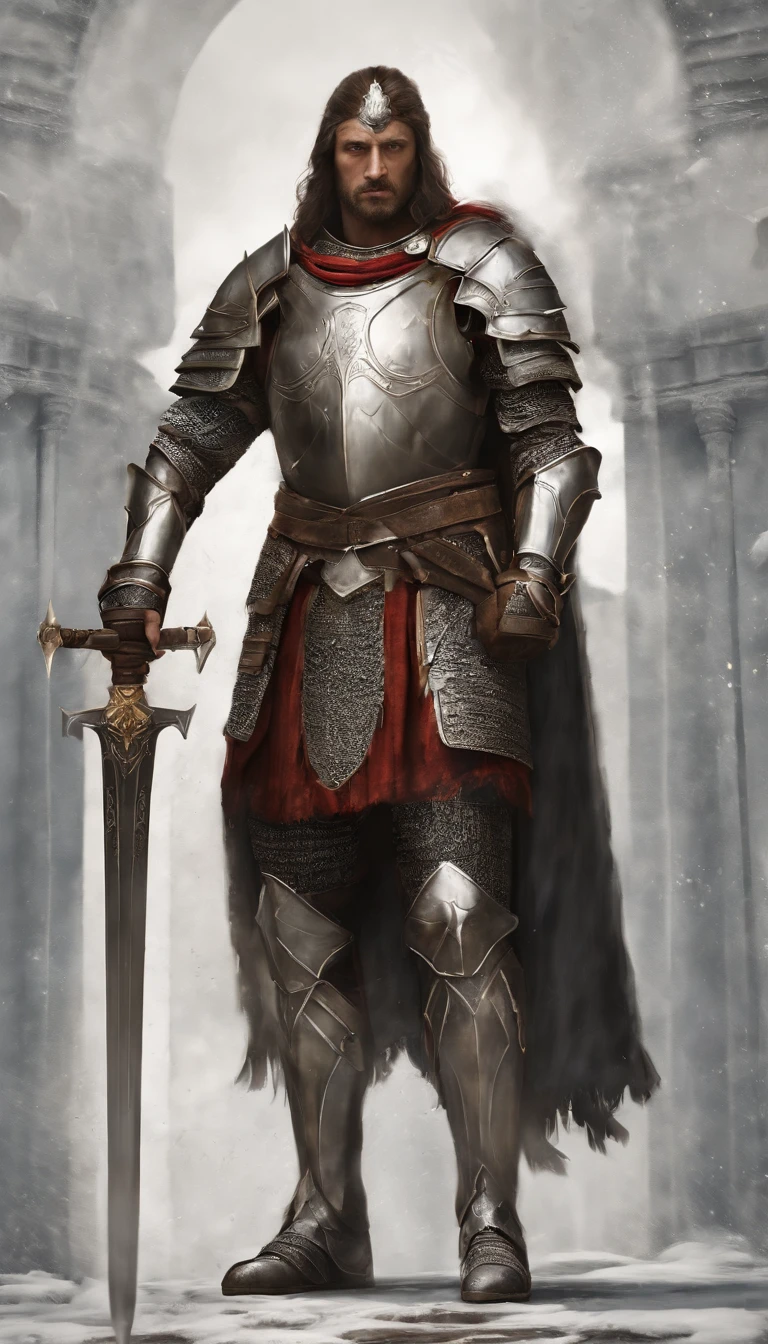 A man in armor stands in the hall with a sword, full portrait of magical knight, ares with heavy armor and sword, Fantasy warrior in full armor, paladin golden armor,There are demon horns on the helmet,Blood-red glowing eyes,for honor charector concept art, knight armored in red, Epic Paladin armor, holy crusader medieval knight,fully body photo