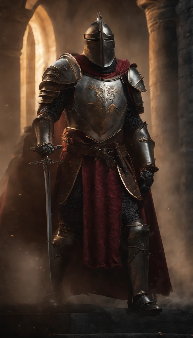 A man in armor stands in the hall with a sword, full portrait of magical knight, ares with heavy armor and sword, Fantasy warrior in full armor, paladin golden armor,There are demon horns on the helmet,Blood-red glowing eyes,for honor charector concept art, knight armored in red, Epic Paladin armor, holy crusader medieval knight,fully body photo