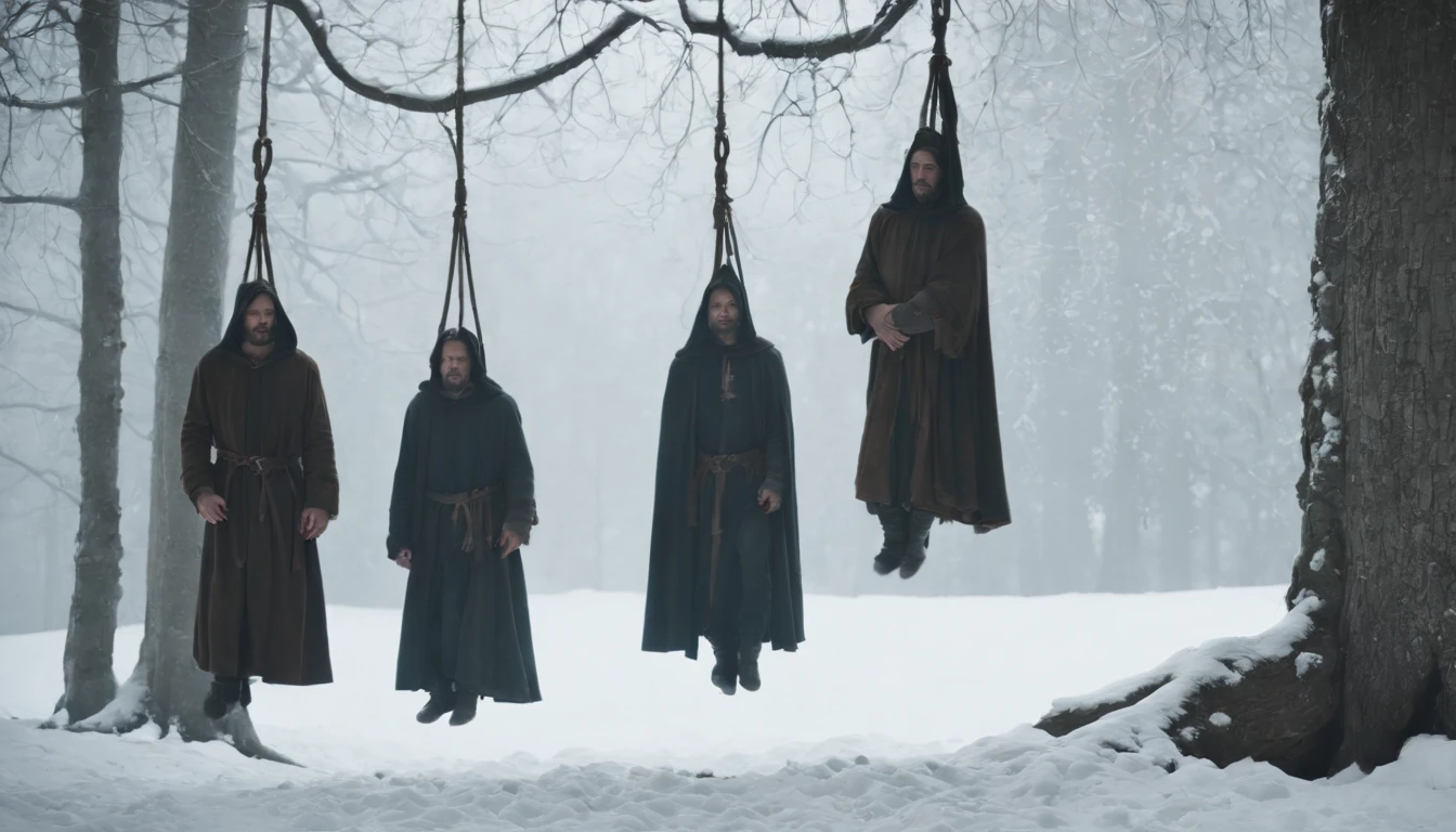 medieval Hungary, three mens bodies hanging from a tree strung up by ropes, night, snow, forest, gothic, eerie, scary, cinematic scene from film
