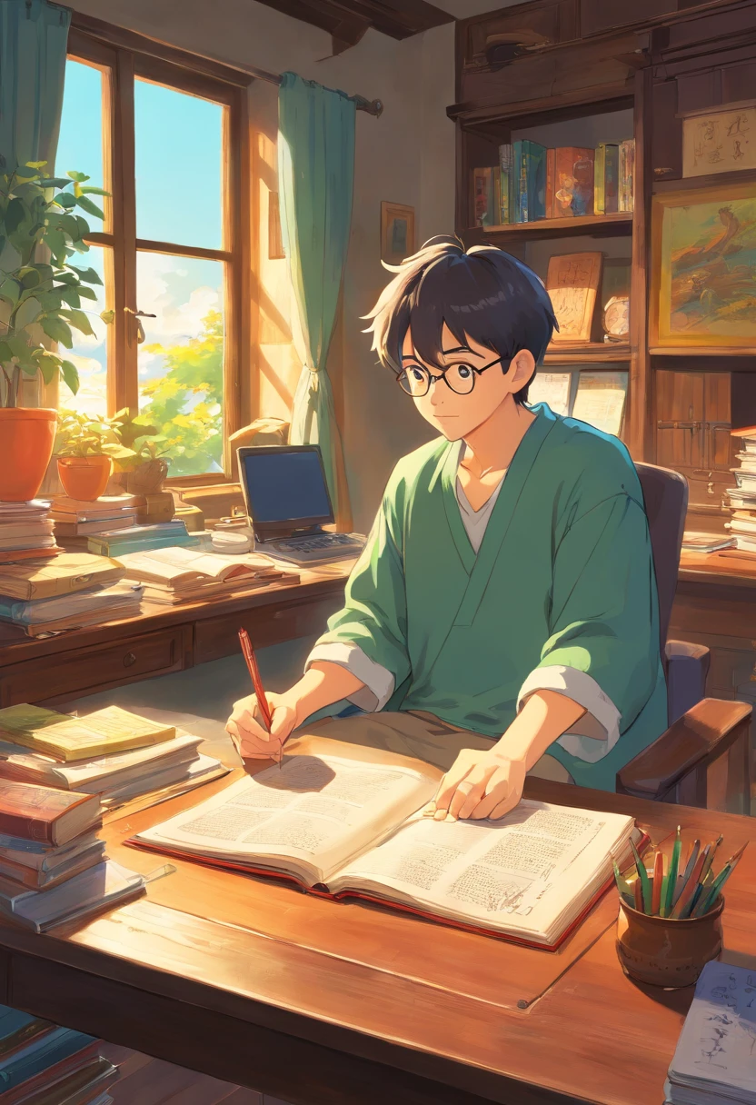 there is a man sitting at a desk with a book, studying in a brightly lit room, studyng in bedroom, trying to study, studying, student, jinyiwei, art student, the photo shows a large, studious, yihao ren, li zixin, high res photo, sitting at his desk, huifeng huang, hyung-tae kim