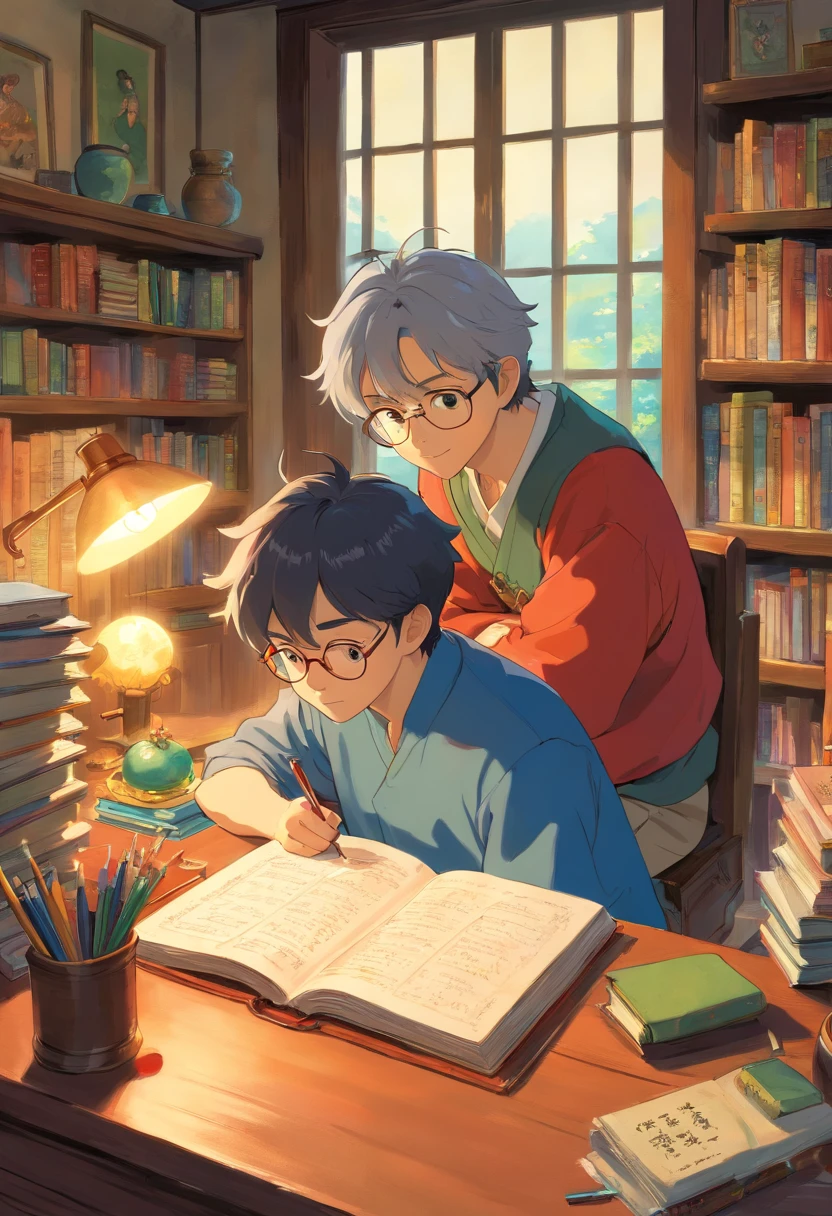 there is a man sitting at a desk with a book, studying in a brightly lit room, studyng in bedroom, trying to study, studying, student, jinyiwei, art student, the photo shows a large, studious, yihao ren, li zixin, high res photo, sitting at his desk, huifeng huang, hyung-tae kim