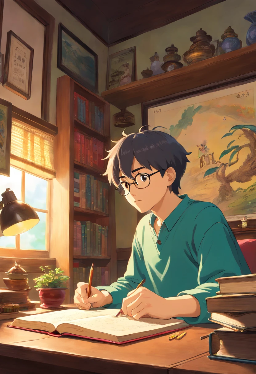 there is a man sitting at a desk with a book, studying in a brightly lit room, studyng in bedroom, trying to study, studying, student, jinyiwei, art student, the photo shows a large, studious, yihao ren, li zixin, high res photo, sitting at his desk, huifeng huang, hyung-tae kim